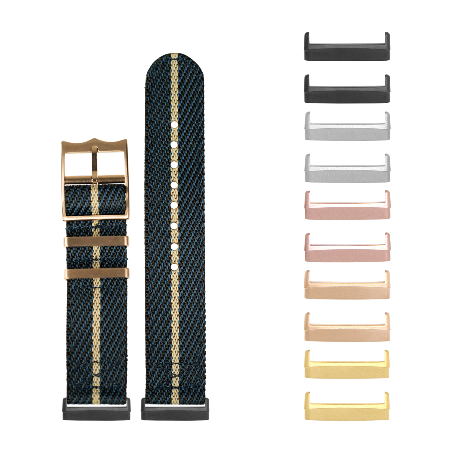 Blue and wheat striped fabric watch band with rose gold buckle and interchangeable hardware in multiple metallic finishes
