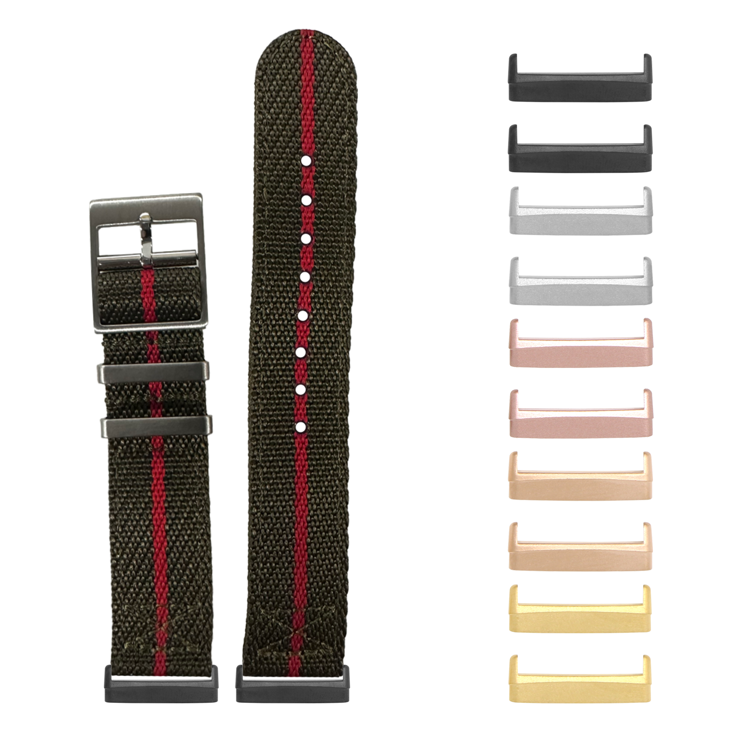 Olive green and red cross pattern nylon watch band with metal buckle and interchangeable hardware in multiple metallic finishes