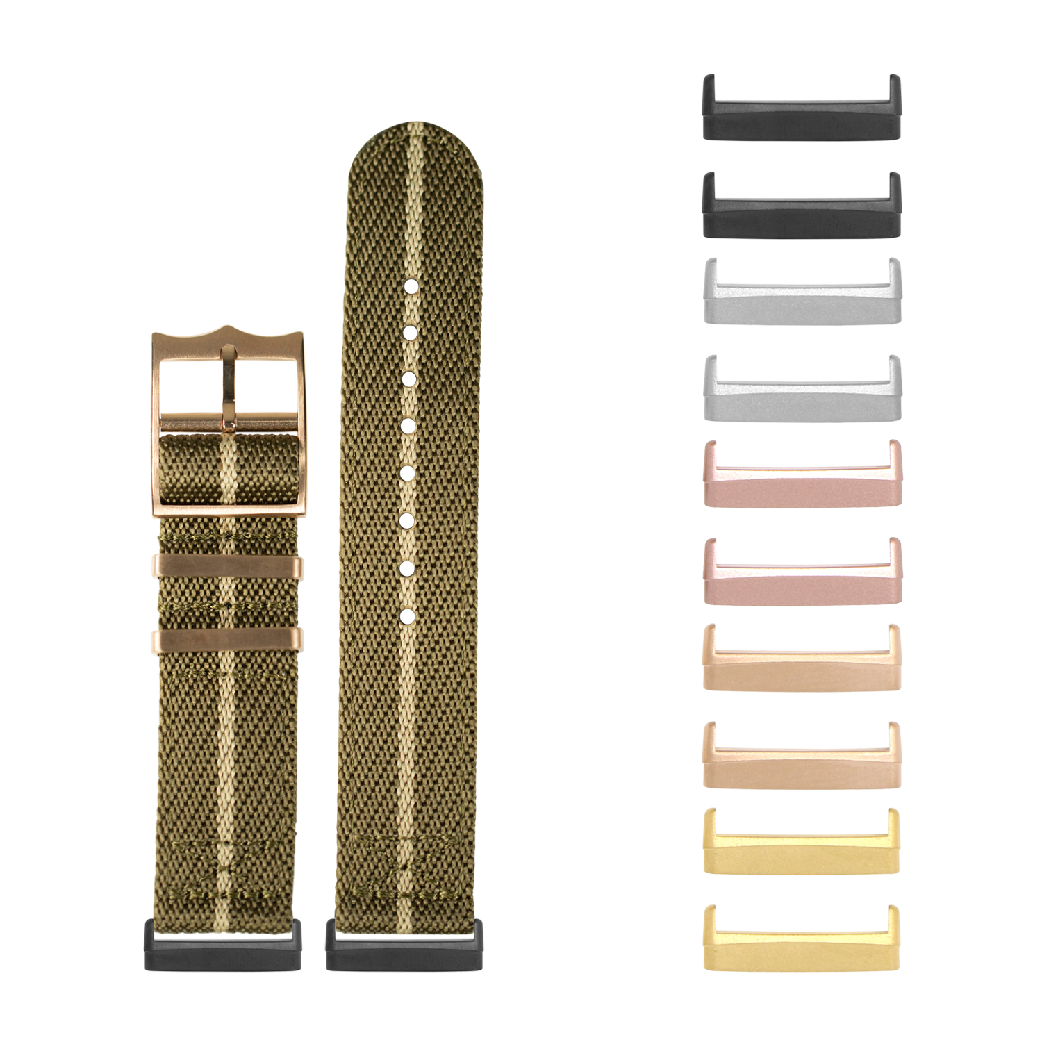 Olive green woven fabric watch band with bronze buckle and interchangeable metal lugs in multiple finishes including black, rose gold, and gold