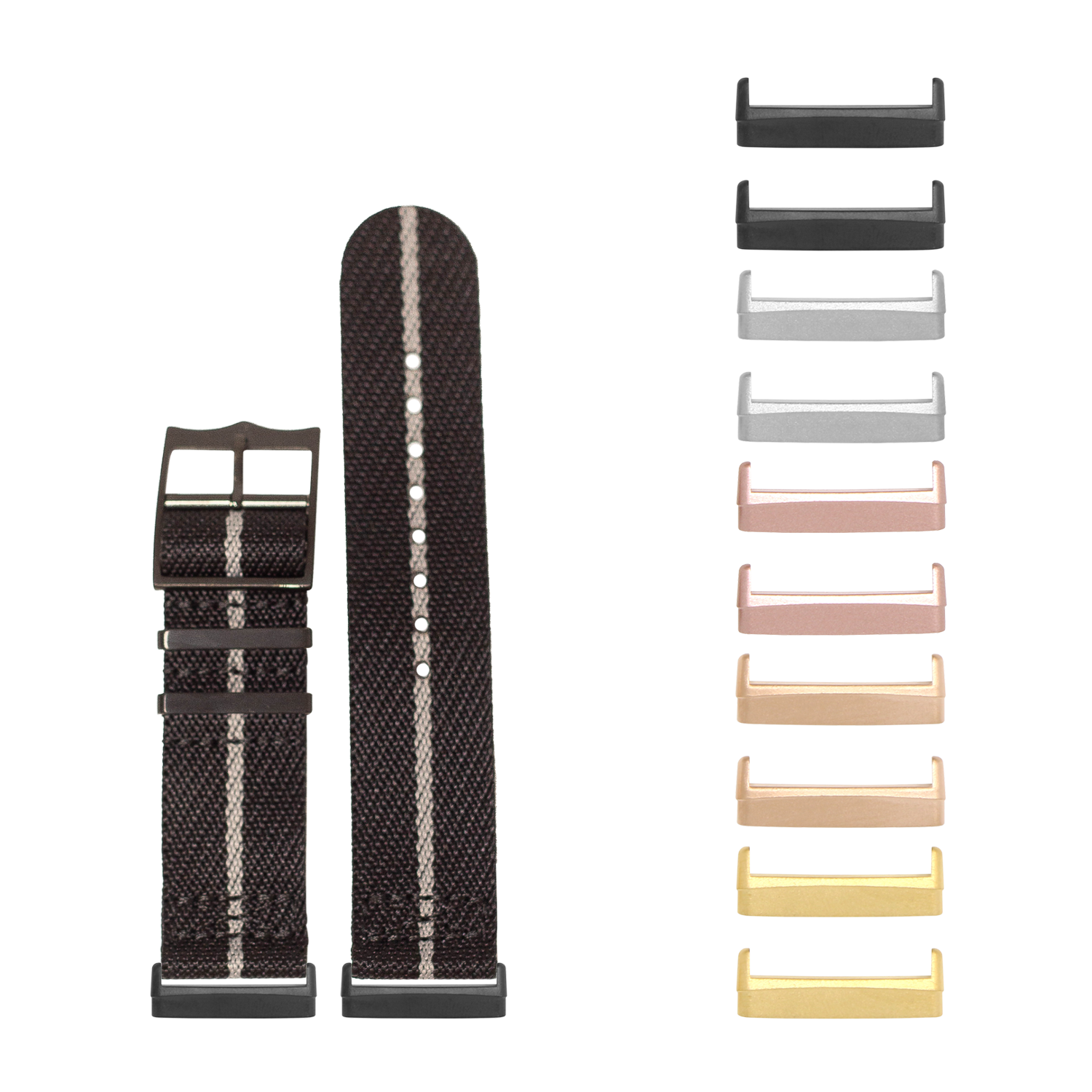 Black canvas cross militex watch band with white stripe and interchangeable metal hardware in multiple finishes for Fitbit Versa and Sense