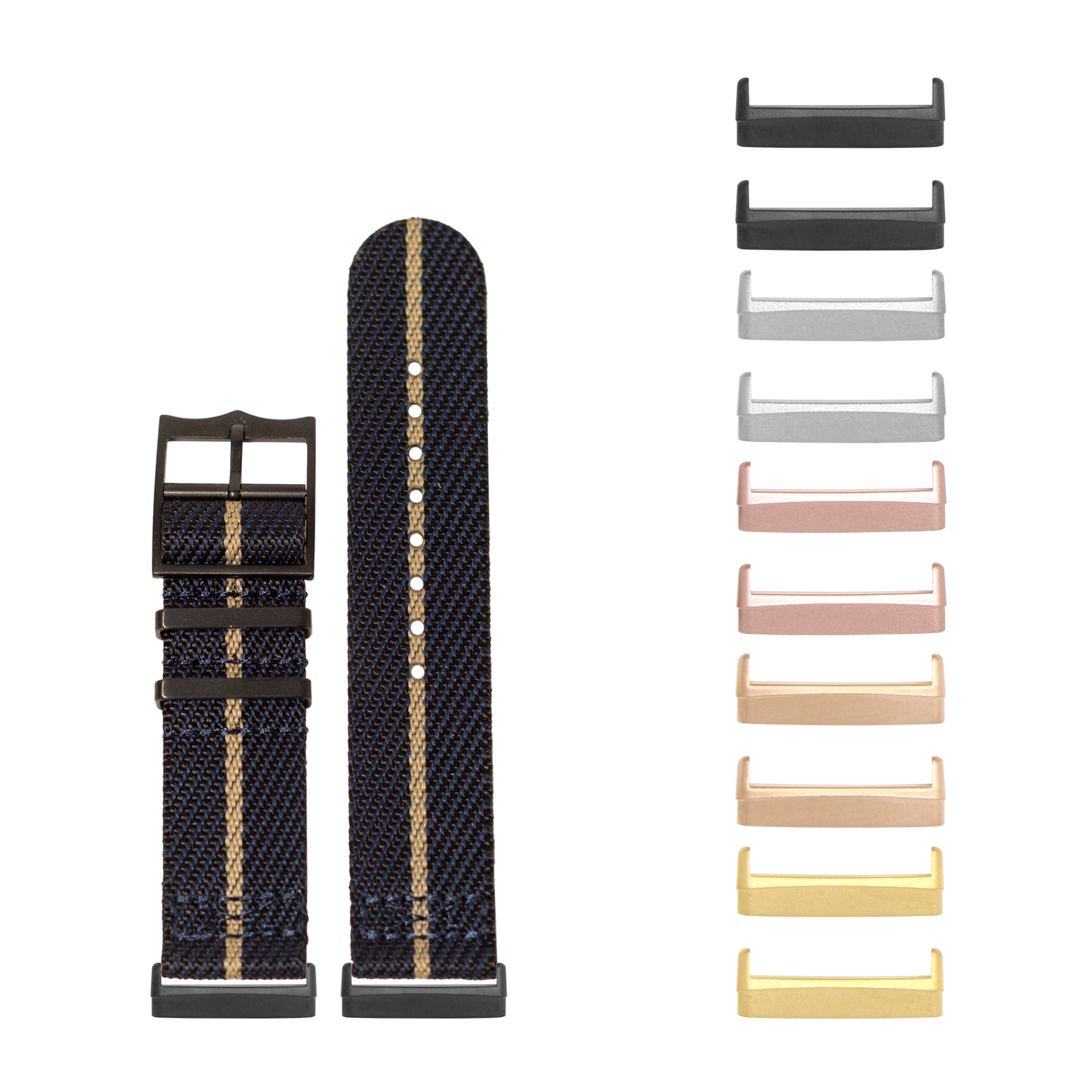 Navy blue woven military-style watch strap with gold stripe and interchangeable hardware in multiple finishes including black, rose gold, and gold