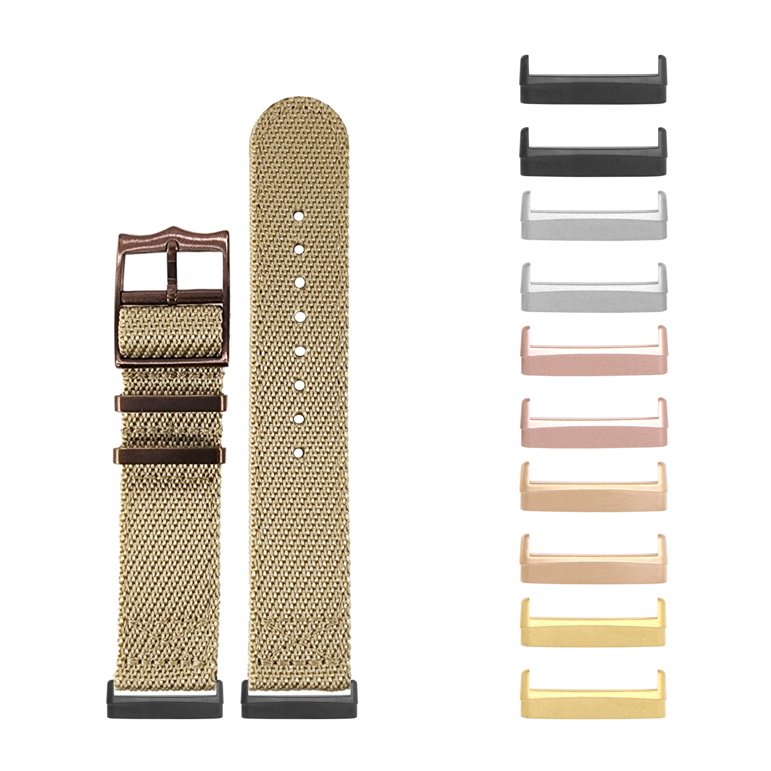 Wheat canvas smartwatch band with bronze buckle and interchangeable metal hardware in multiple finishes for Fitbit Versa and Sense