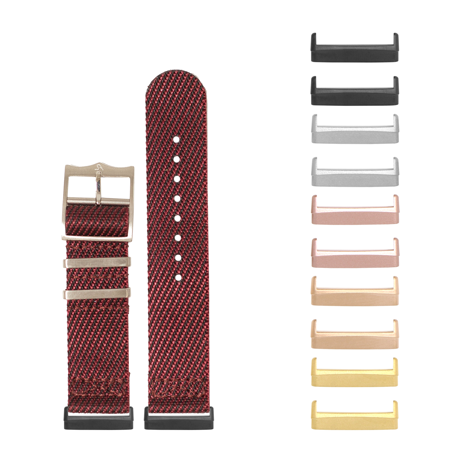 Red woven fabric watch band with interchangeable metal lugs in multiple colors for Fitbit Versa and Sense smartwatches