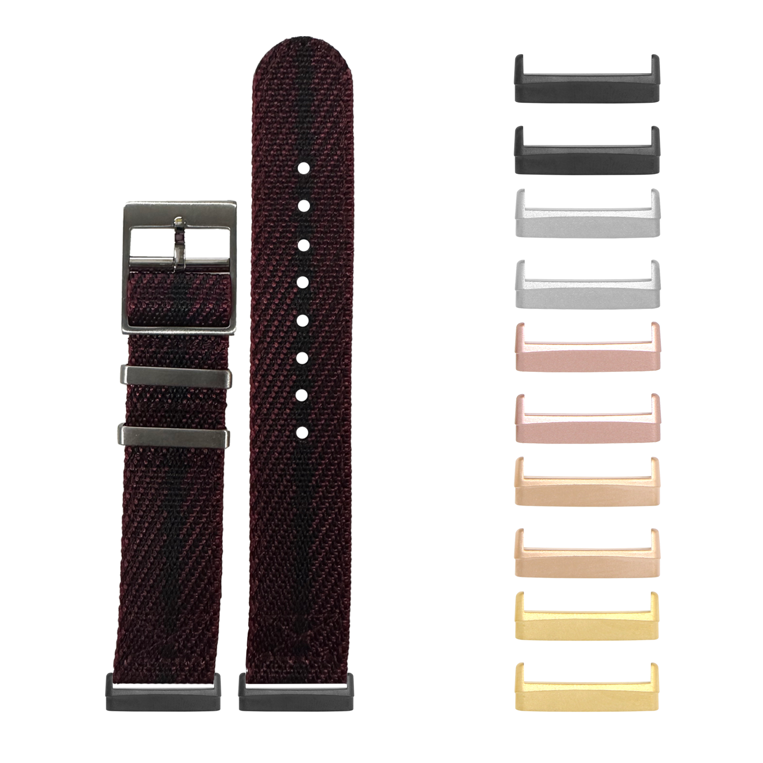 Burgundy woven nylon watch band with gunmetal buckle and interchangeable metal lugs in multiple finishes for Fitbit Versa and Sense smartwatches