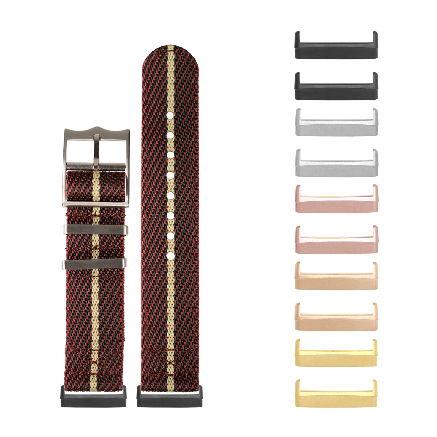 Red and tan woven military watch band with interchangeable metal lugs in multiple finishes for Fitbit Versa and Sense smartwatches