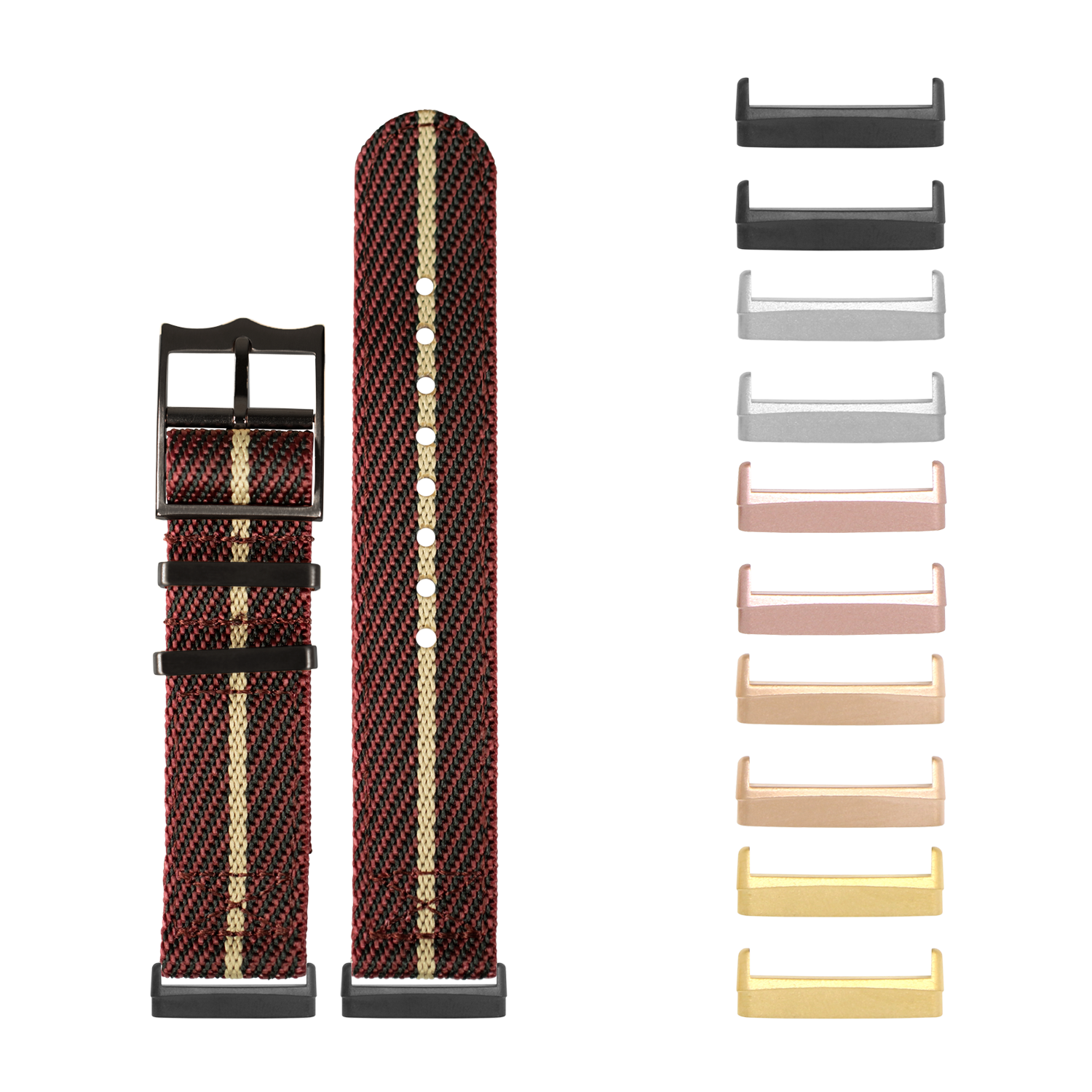 Red and wheat striped fabric watch band with black hardware buckle and interchangeable metal lugs in multiple finishes