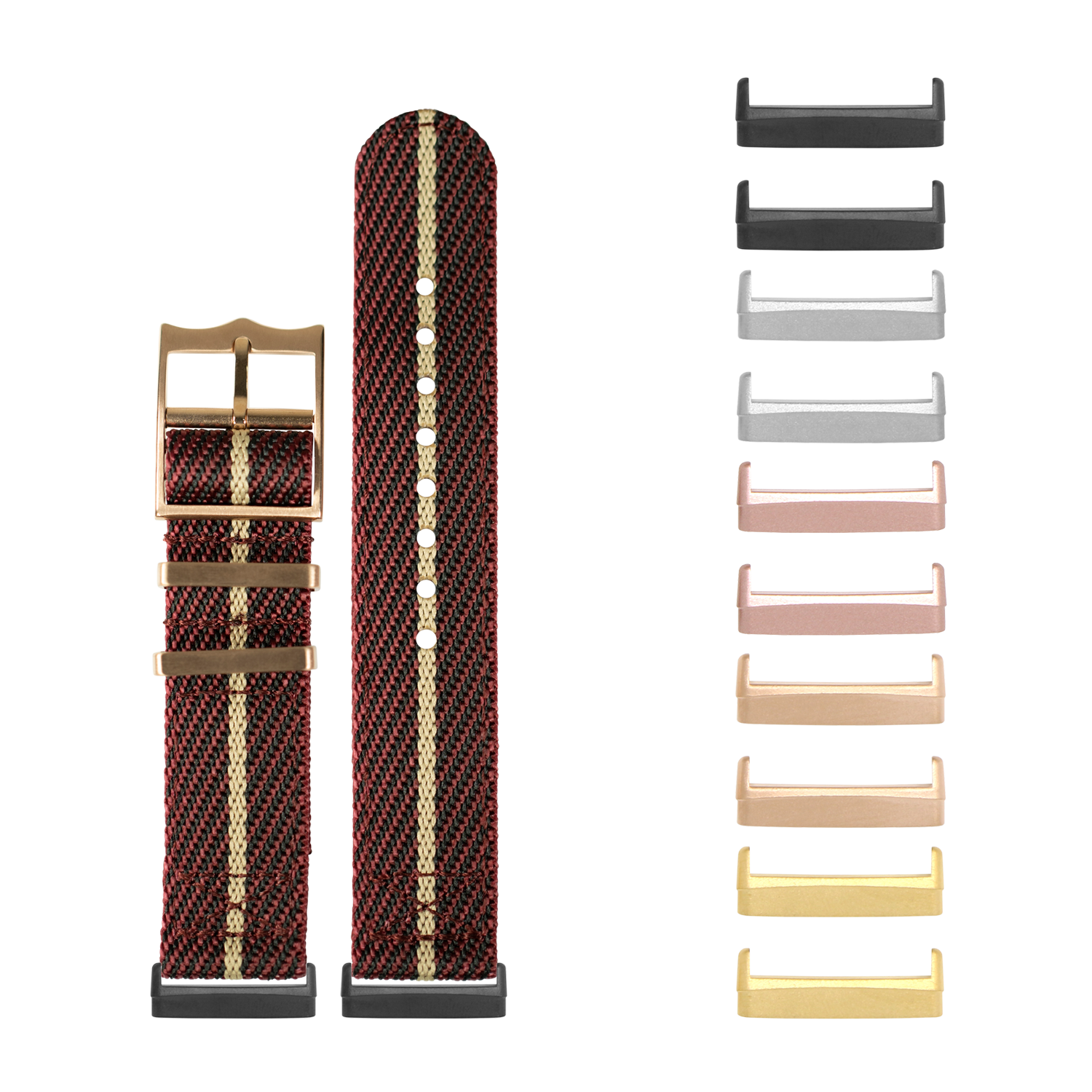 Red and wheat woven military-style watch band with rose gold hardware and interchangeable buckle options in multiple metal finishes