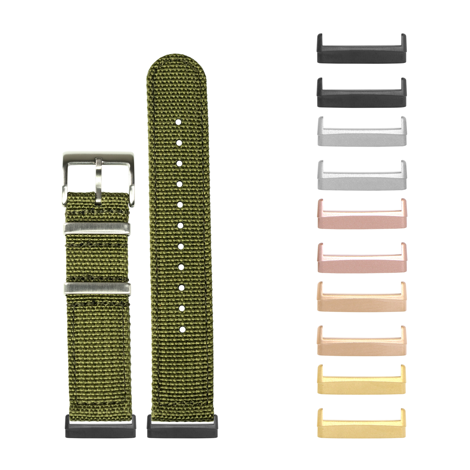 Olive green woven militex watch band with metal buckle and interchangeable metal lugs in multiple colors for Fitbit Versa and Sense smartwatches