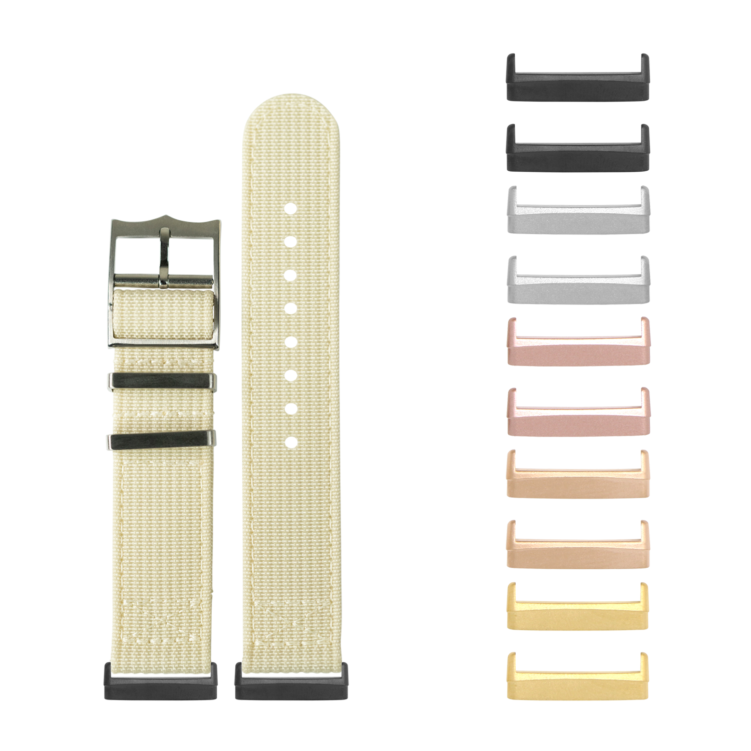 Beige canvas watch band with interchangeable metal lugs in multiple finishes for Fitbit Versa and Sense smartwatches