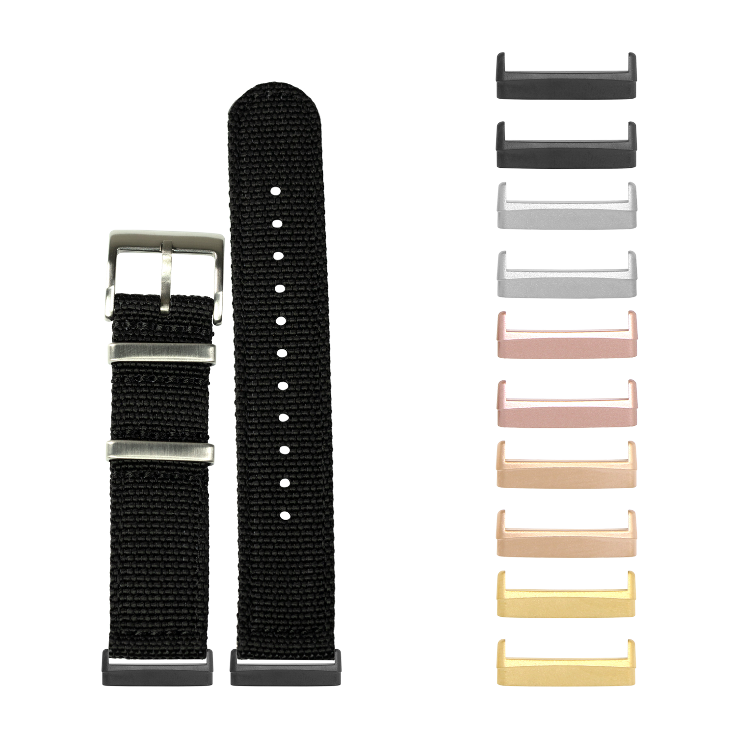 Black fabric watch band with silver buckle and interchangeable metal lugs in multiple finishes for Fitbit Versa and Sense smartwatches
