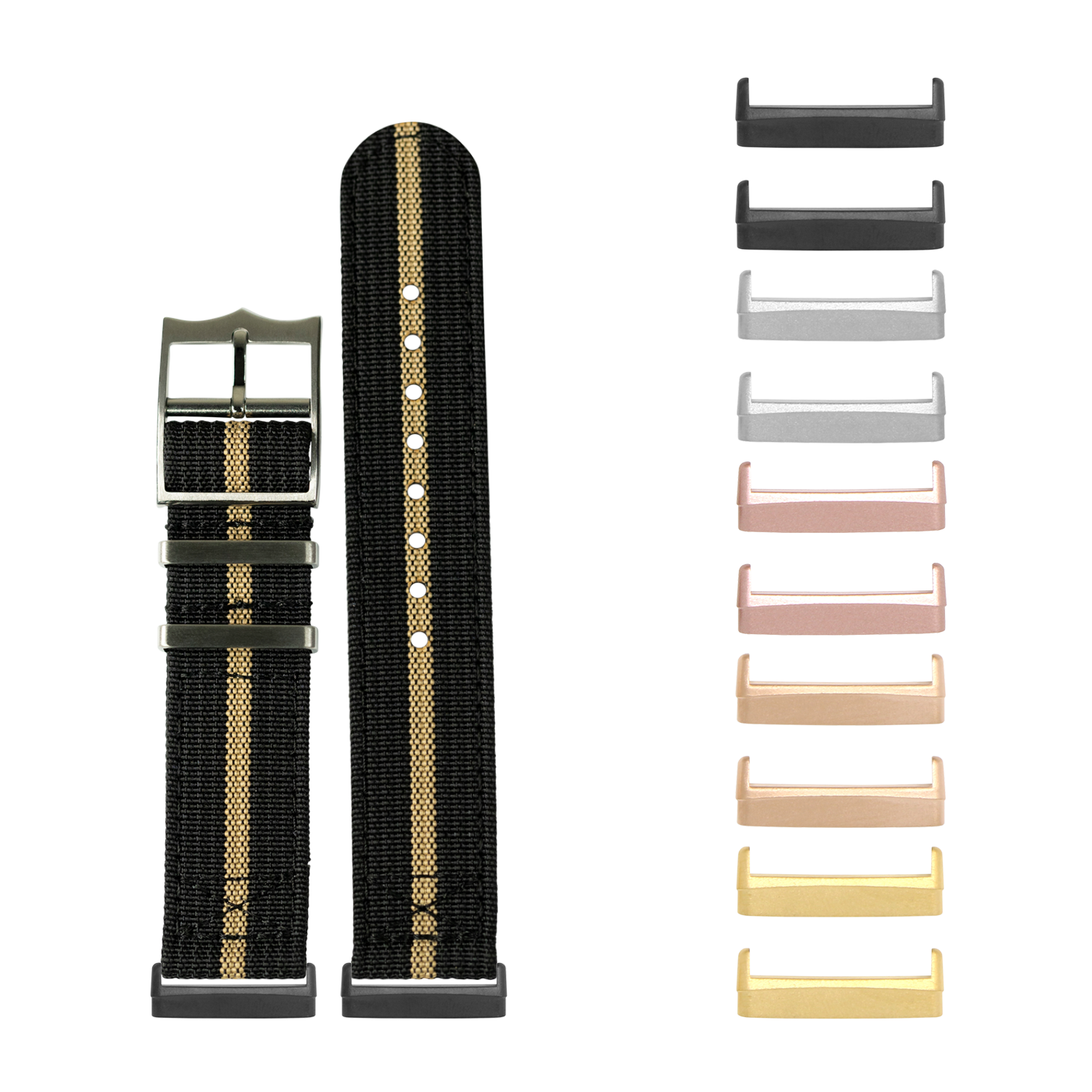 Black nylon watch band with gold stripe and interchangeable metal lugs in multiple finishes for Fitbit Versa and Sense smartwatches