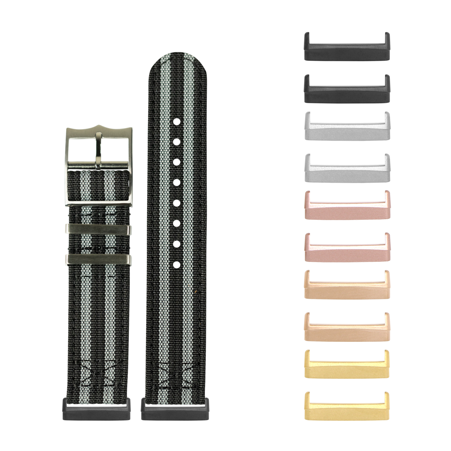 Tactical nylon watch band with interchangeable metal lugs in multiple colors for Fitbit Versa and Sense smartwatches