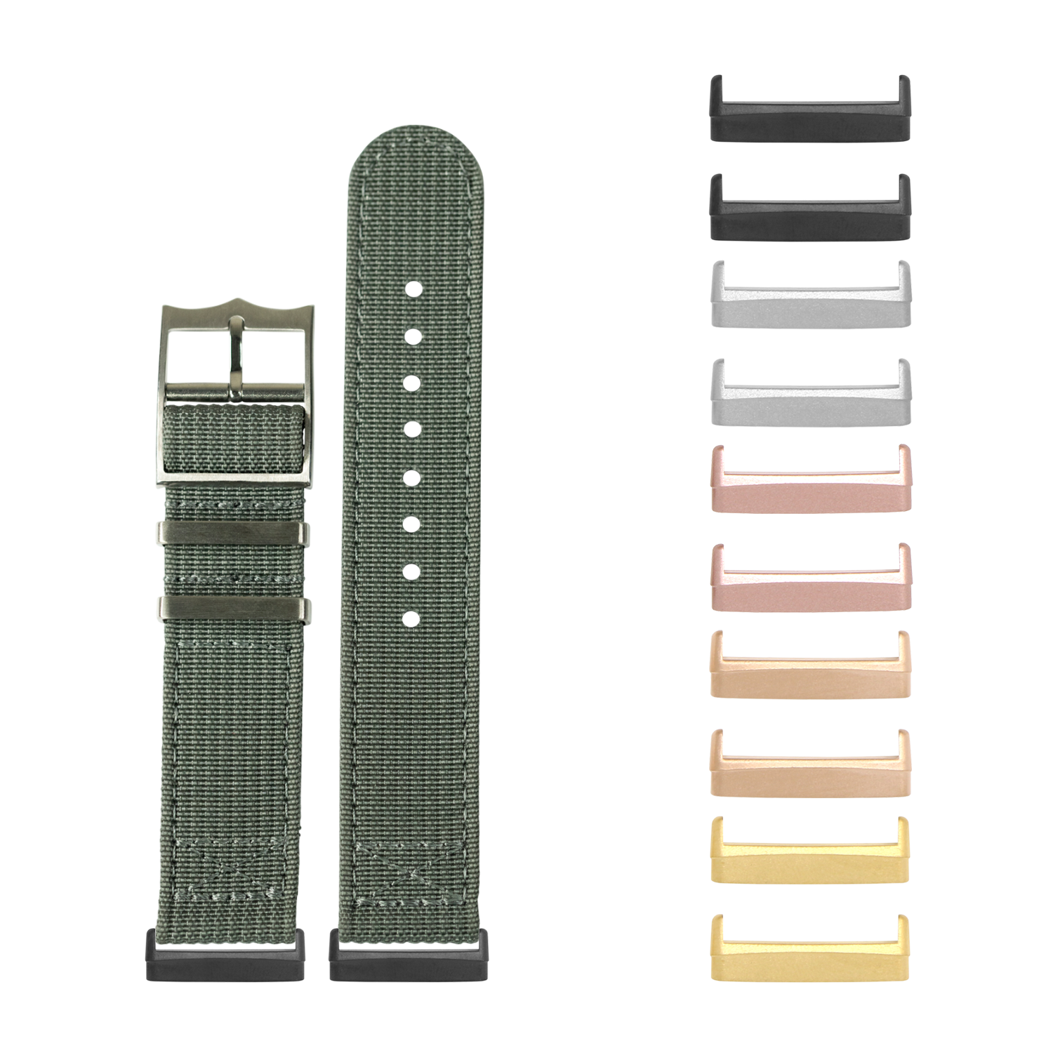Olive green woven militex watch band with metal buckle and interchangeable lugs in multiple metal finishes for Fitbit Versa and Sense