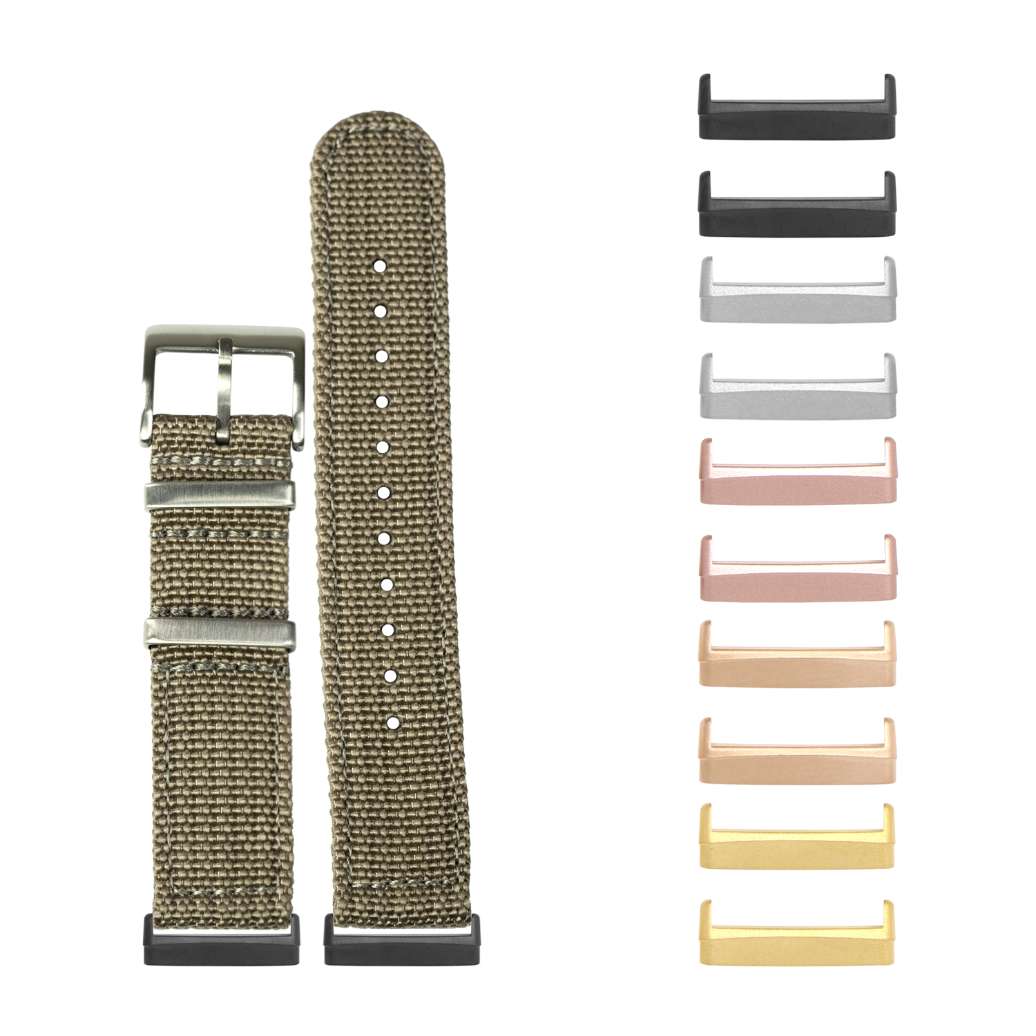 Olive canvas smartwatch band with metal buckle and interchangeable lugs in multiple finishes for Fitbit Versa and Sense watches