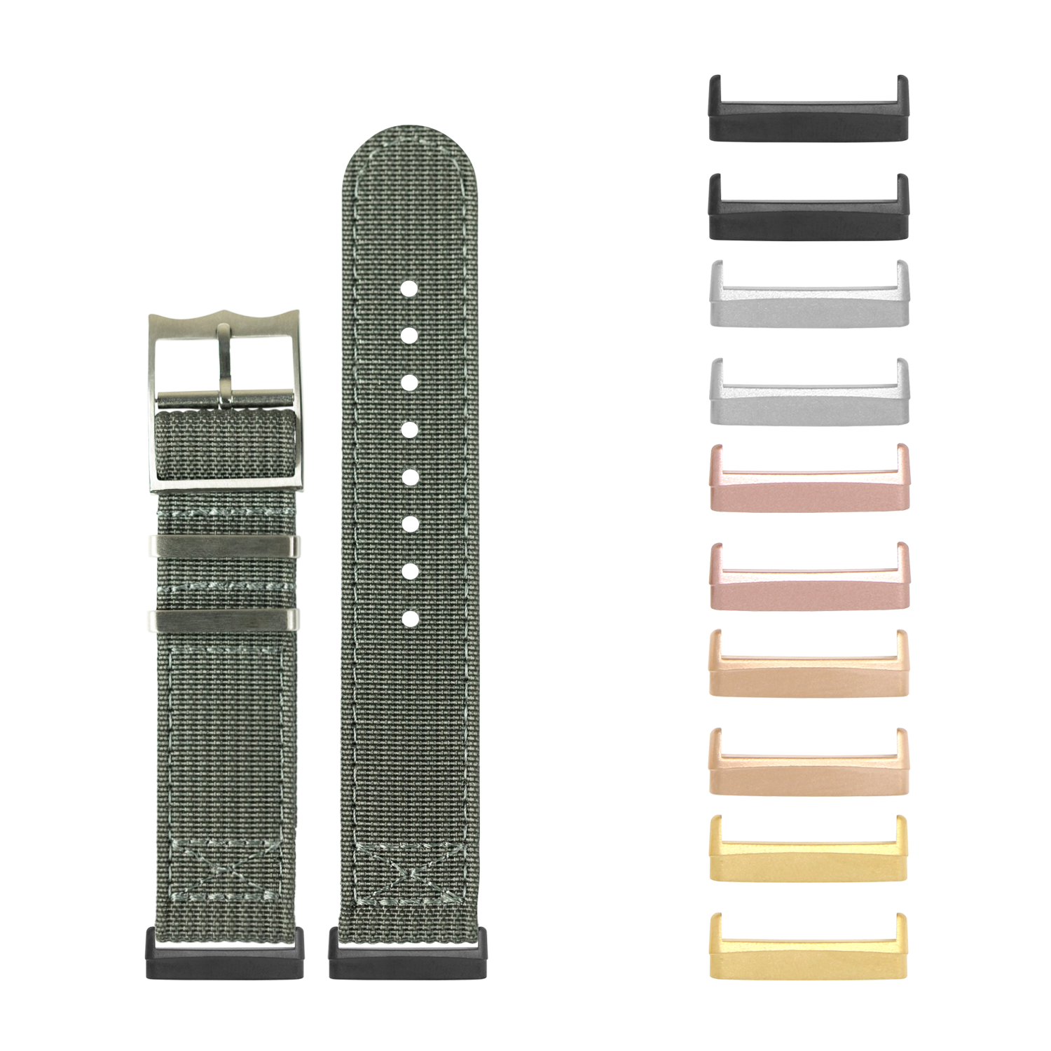 Grey woven militex watch band with metal buckle and interchangeable hardware in multiple finishes for Fitbit Versa and Sense
