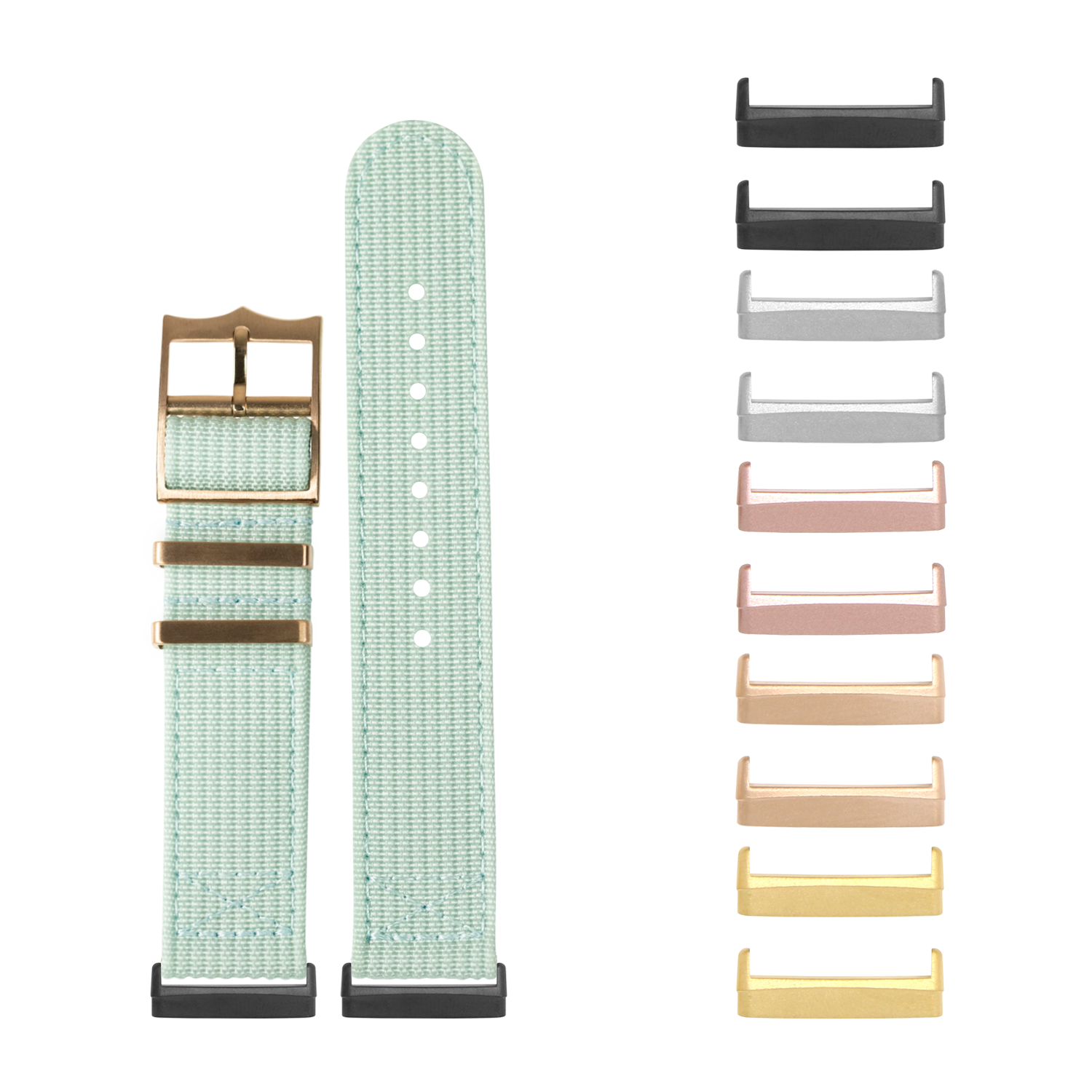 Mint green fabric smartwatch bands with bronze buckle and interchangeable metal lugs in multiple colors including black, gray, rose gold, and gold