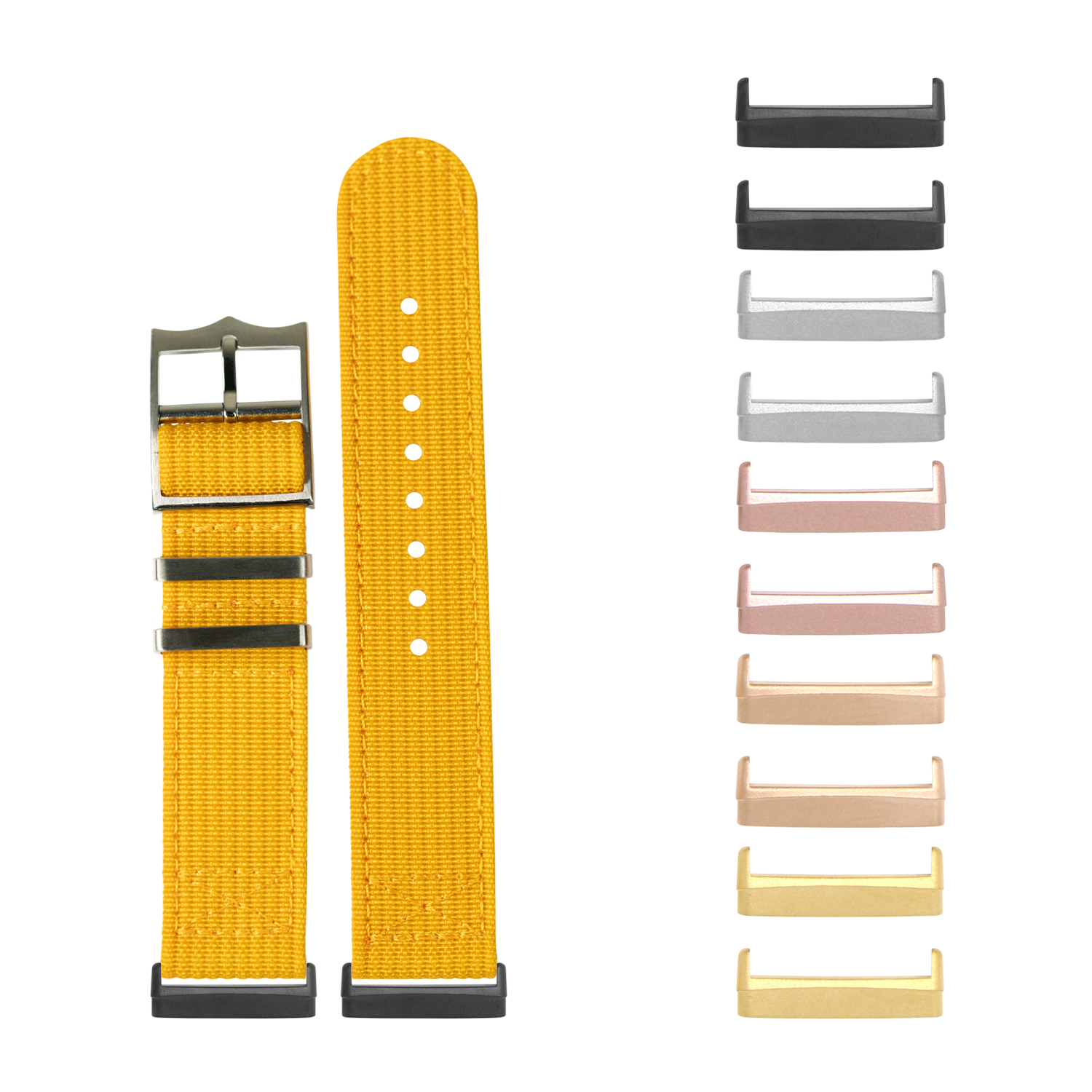 Yellow nylon watch band with olive buckle and multiple metal case options for Fitbit Versa and Sense watches