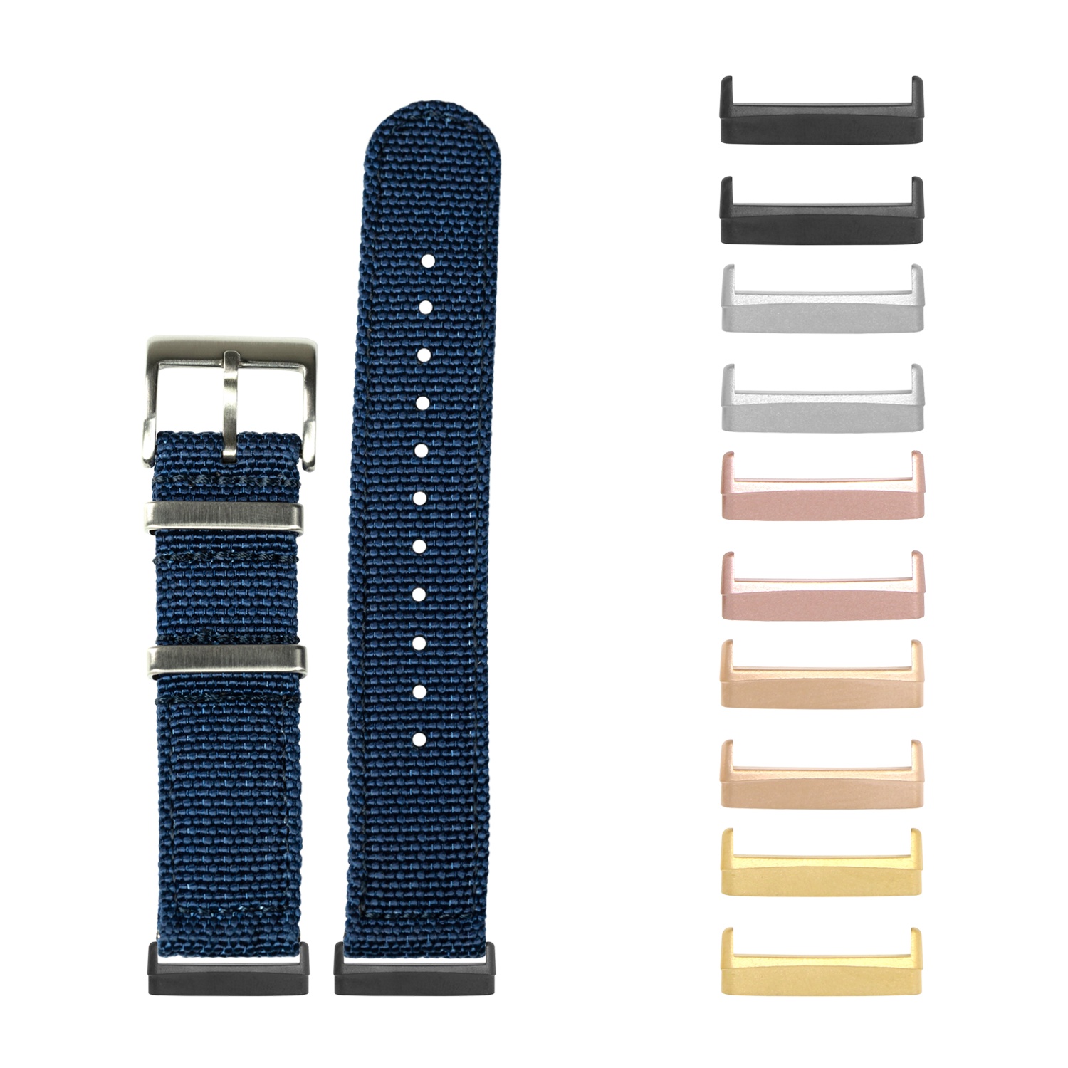 Navy blue militex watch band with silver buckle and interchangeable metal lugs in multiple finishes for Fitbit Versa and Sense
