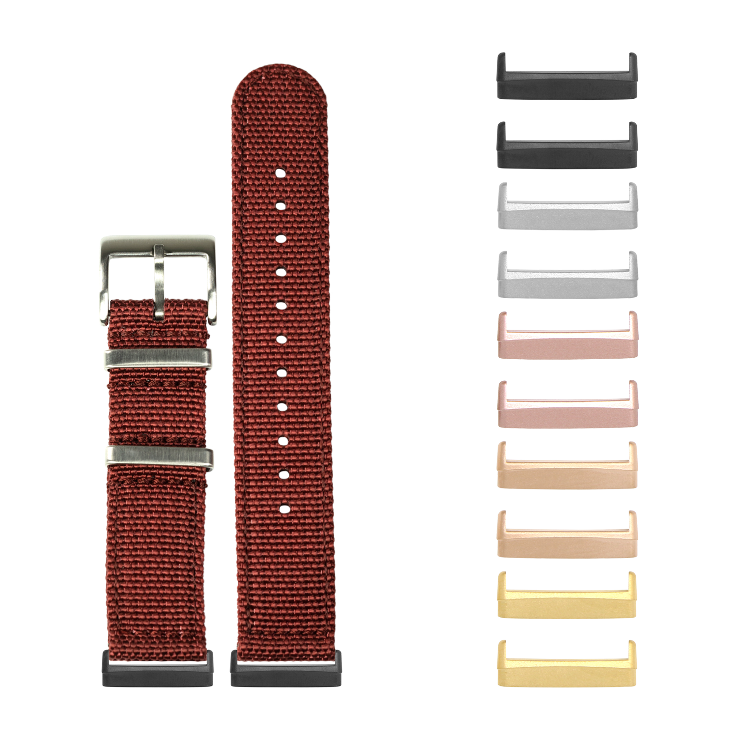 Red fabric militex watch band with metal buckle for Fitbit Versa and Sense smartwatches, shown with interchangeable metal case options