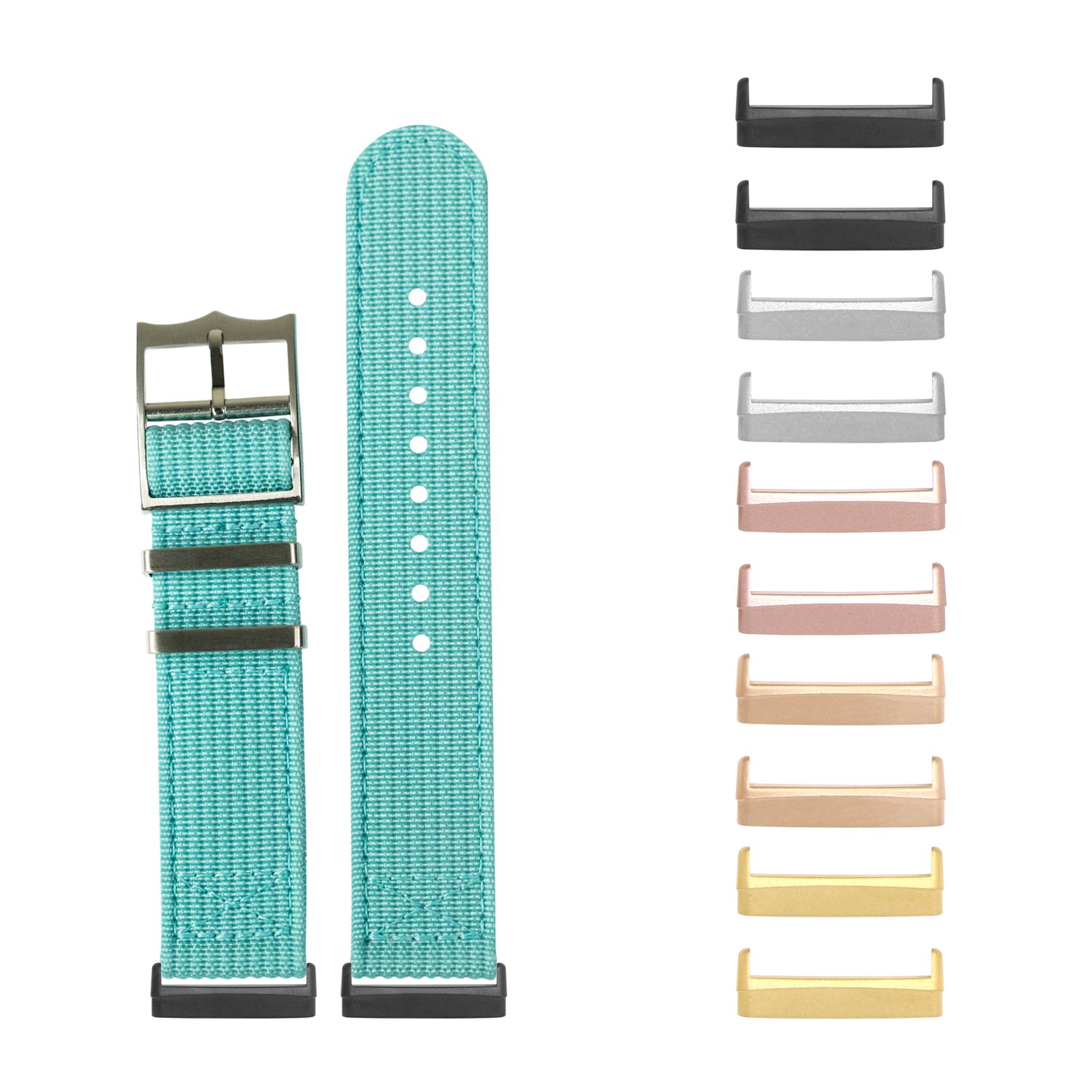 Tiffany blue woven nylon watch band for Fitbit Versa and Sense with interchangeable metal connectors in multiple colors