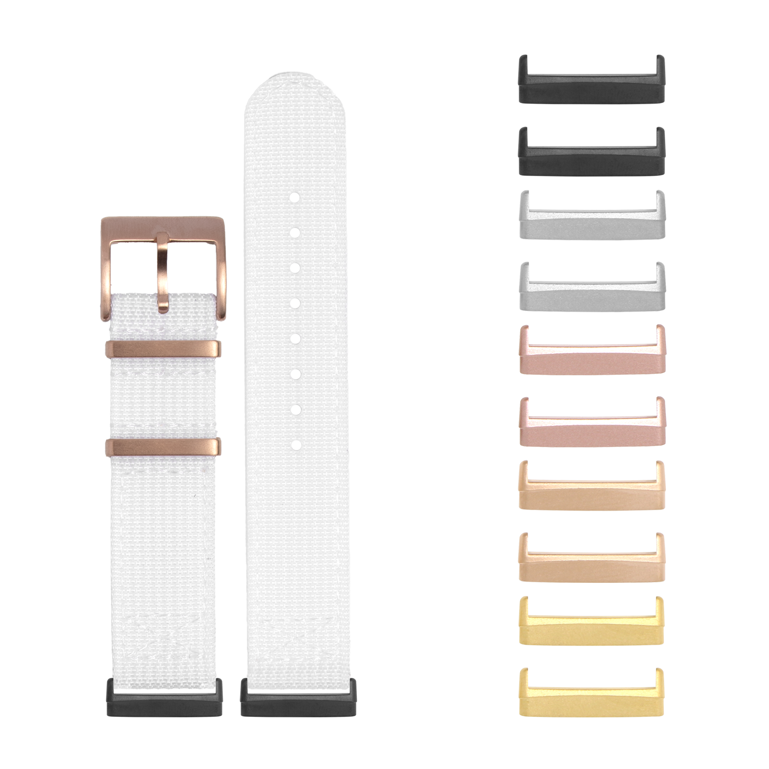 White fabric smartwatch band with interchangeable metal buckles in rose gold, black, silver and gold finishes for Fitbit Versa and Sense models