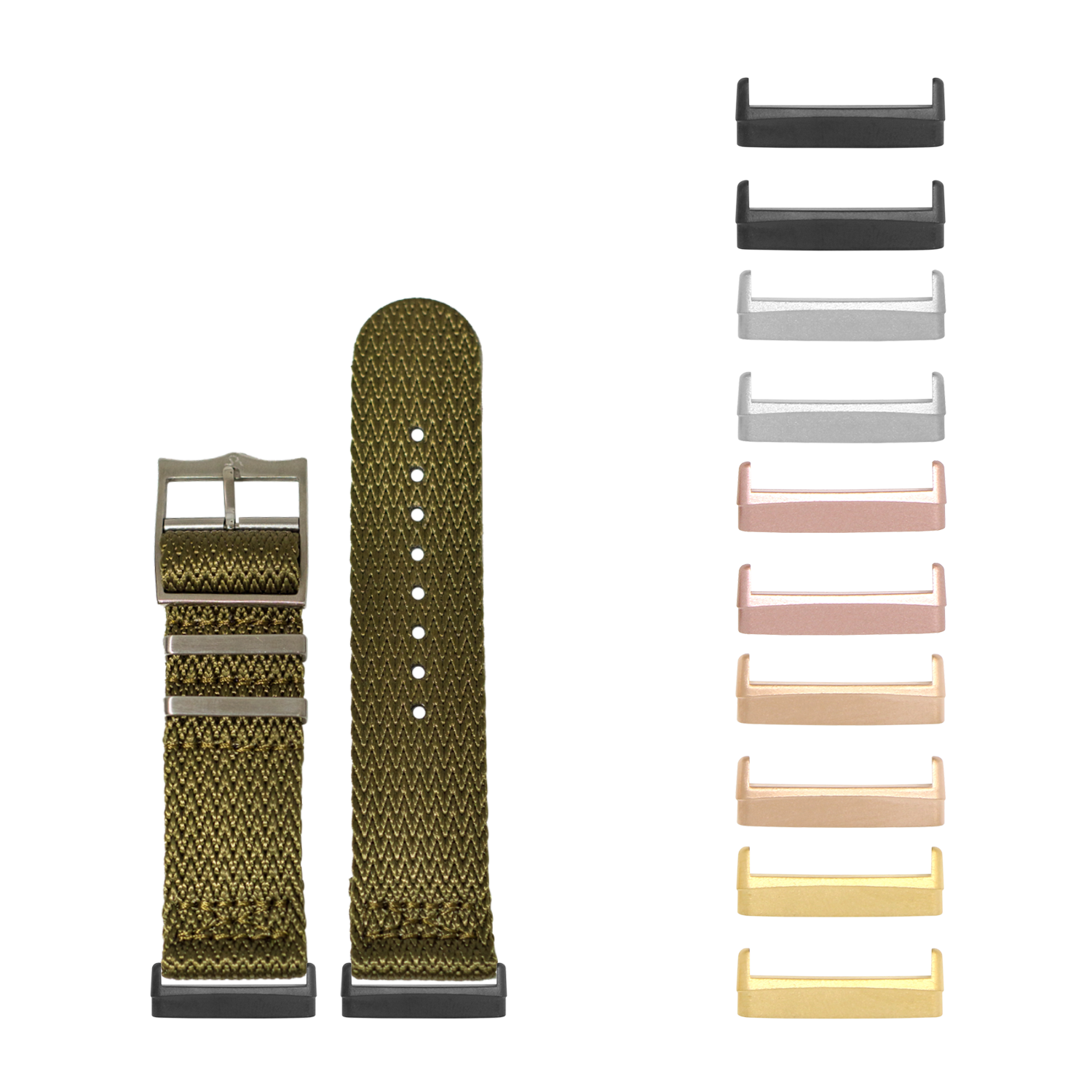 Olive green militex watch band with interchangeable metal lugs in multiple finishes for Fitbit Versa and Sense smartwatches