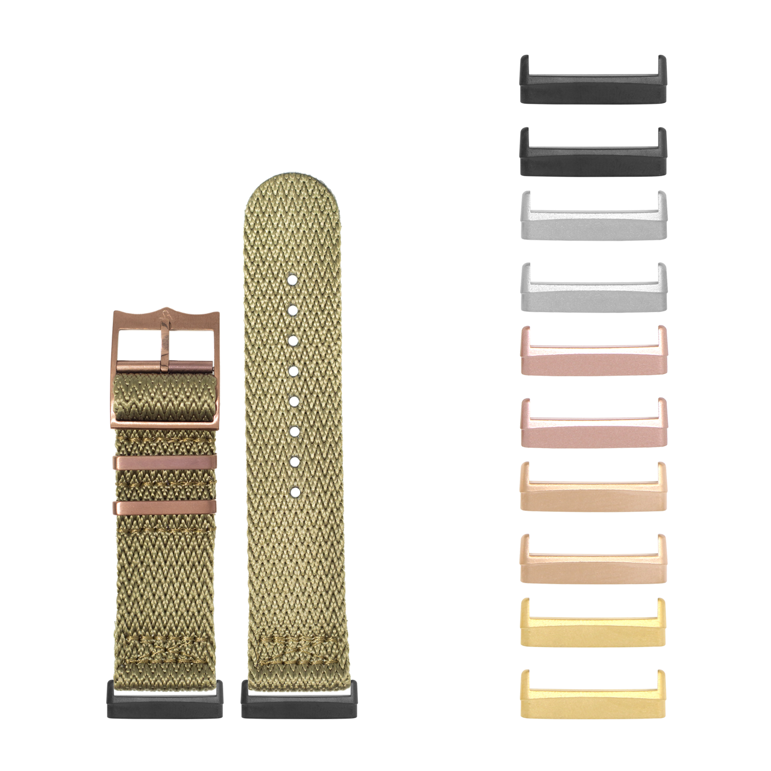 Sharktooth Militex army green watch band with bronze hardware for Fitbit Versa and Sense, shown with interchangeable metal buckle options