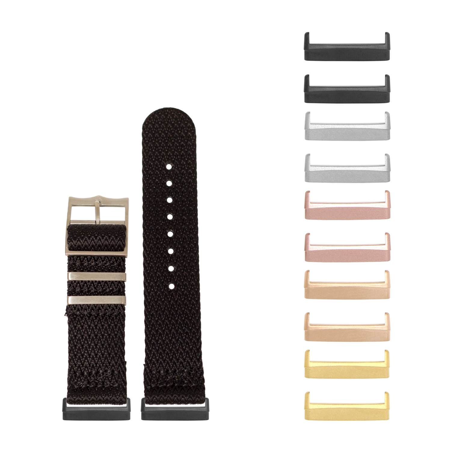 Black woven canvas watch band with gold buckle and interchangeable metal lugs in multiple finishes for Fitbit Versa and Sense smartwatches