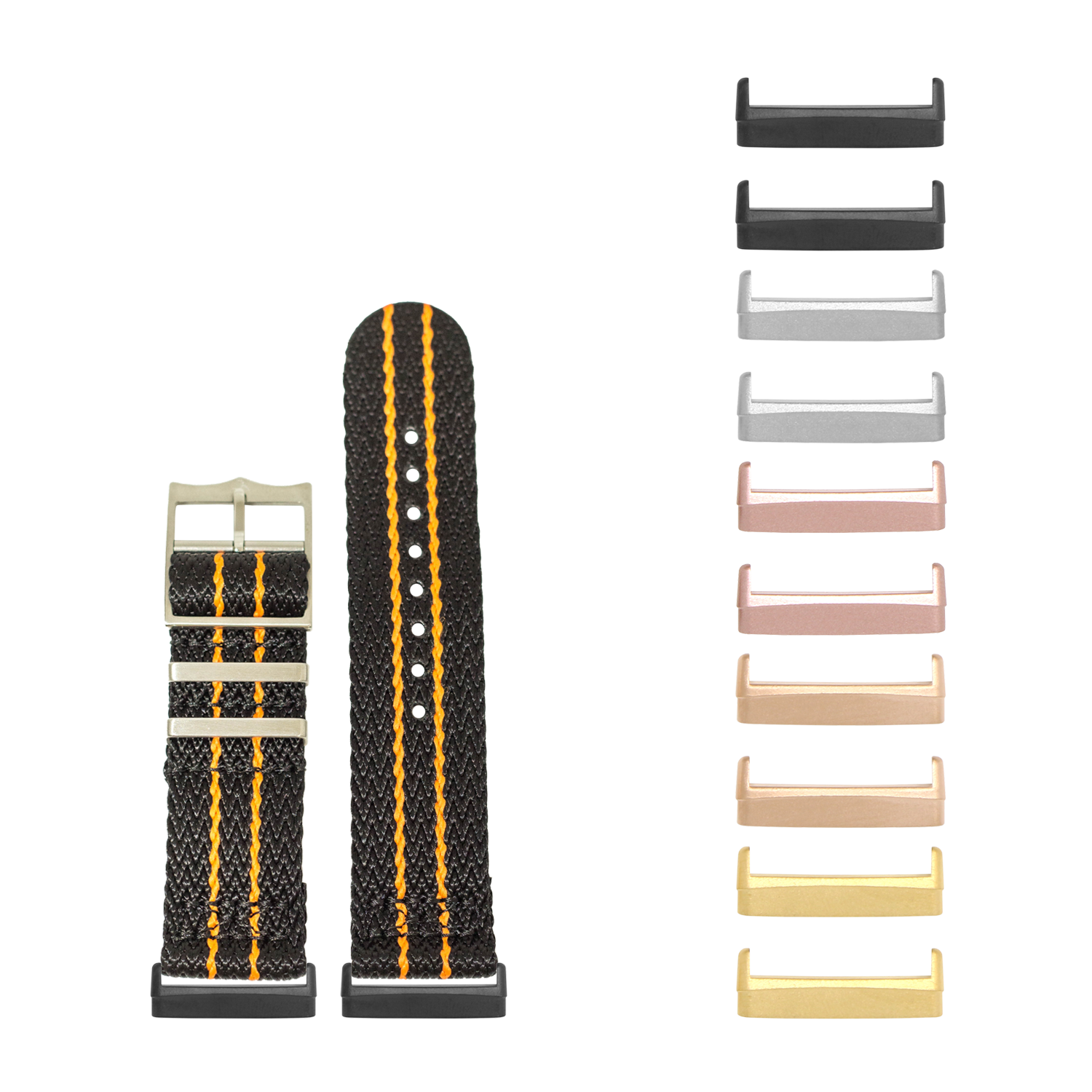 Black Sharktooth Militex watch band with orange stripes and interchangeable metal hardware in multiple color finishes
