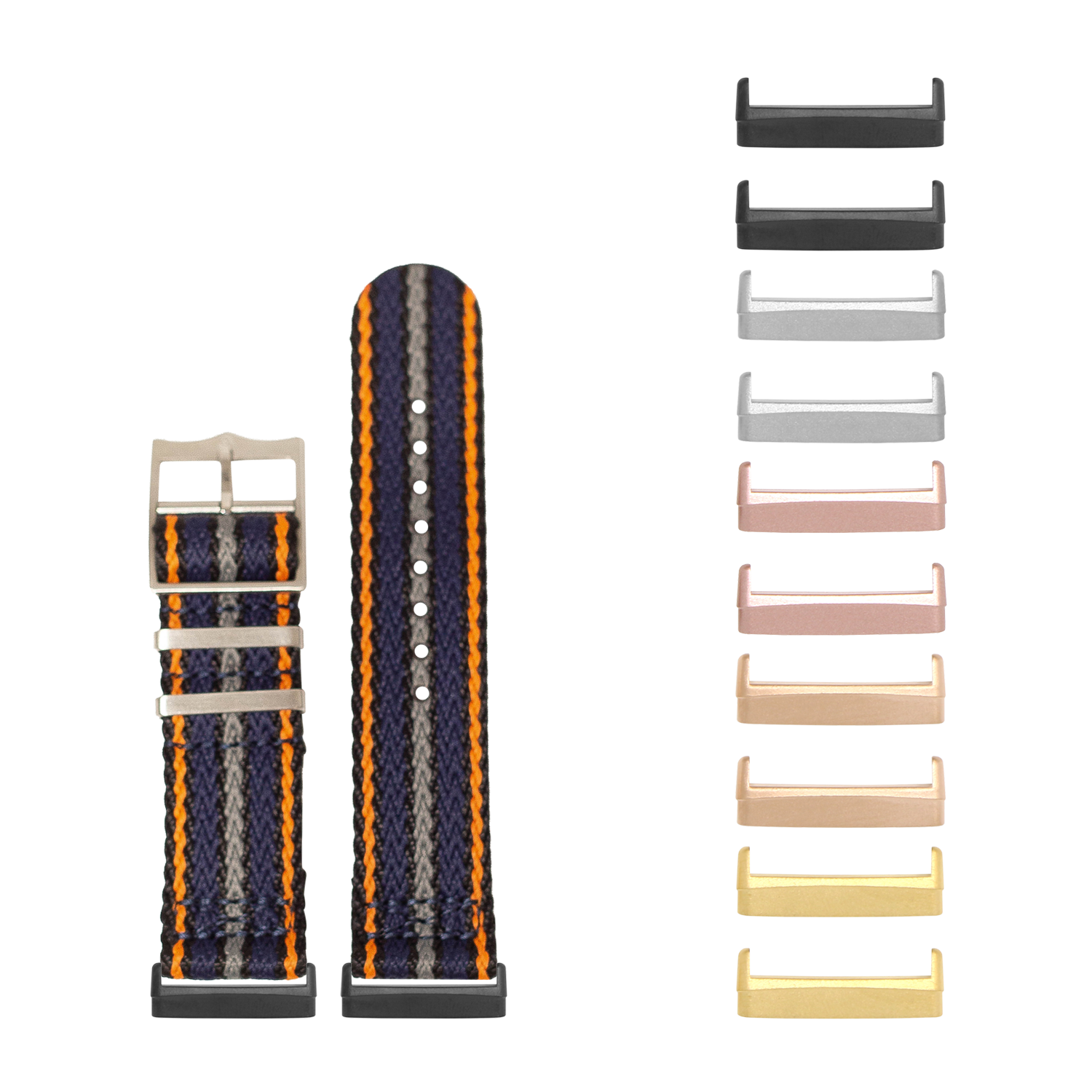 Navy blue and orange striped Militex watch band with multiple interchangeable metal lugs in various finishes for Fitbit Versa and Sense smartwatches