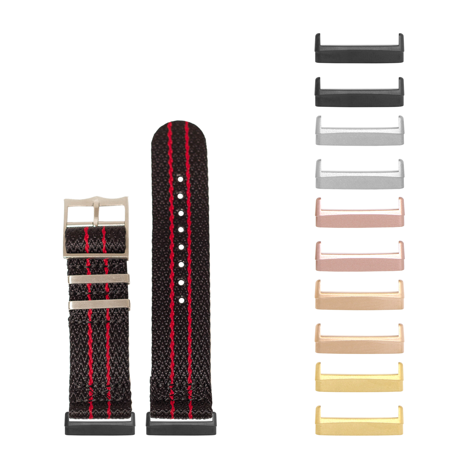 Black and red Militex watch band with white stitching for Fitbit Versa and Sense, shown with interchangeable metal lugs in multiple finishes