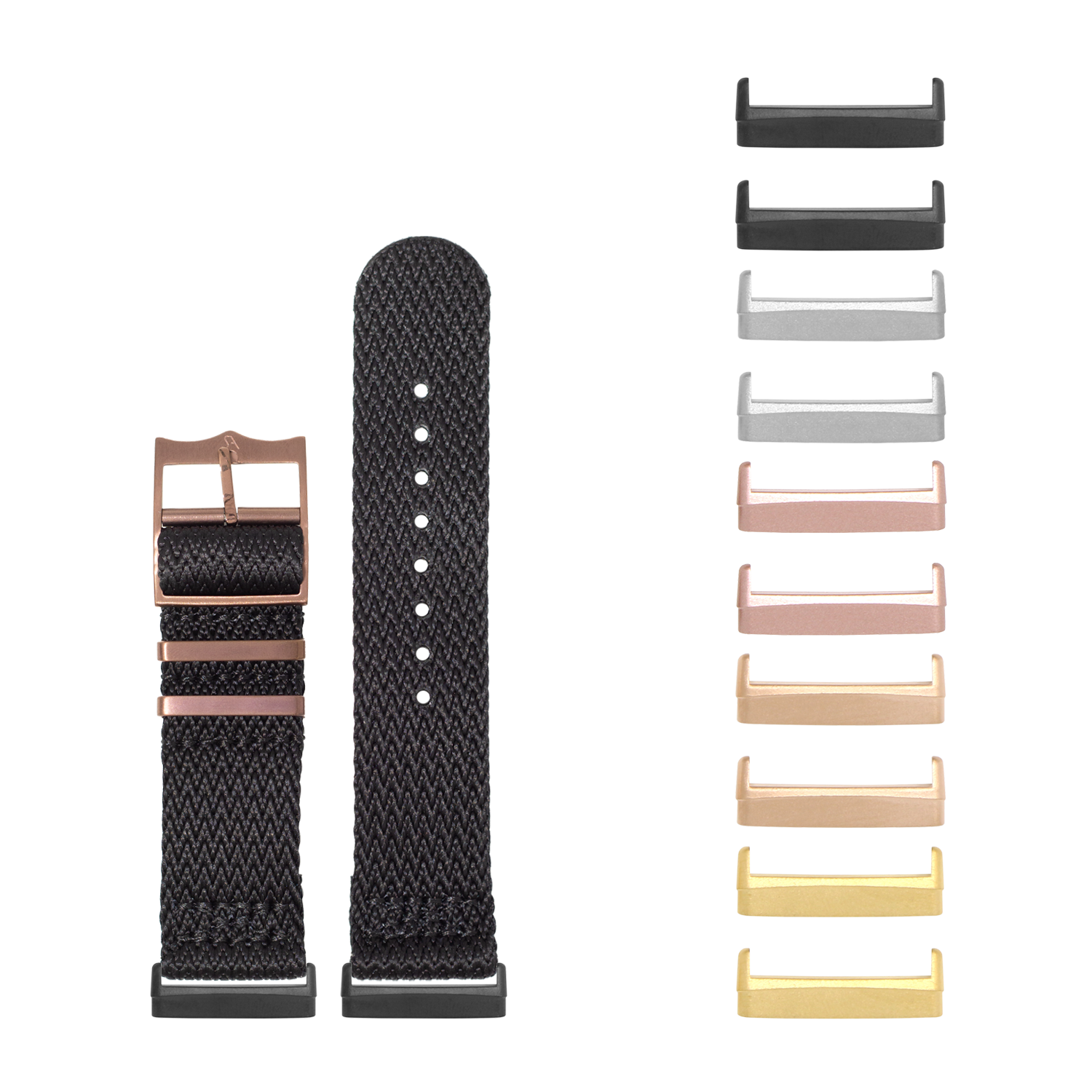 Black woven Militex watch band with bronze hardware and interchangeable metal lugs in multiple finishes for Fitbit Versa 3 and 4