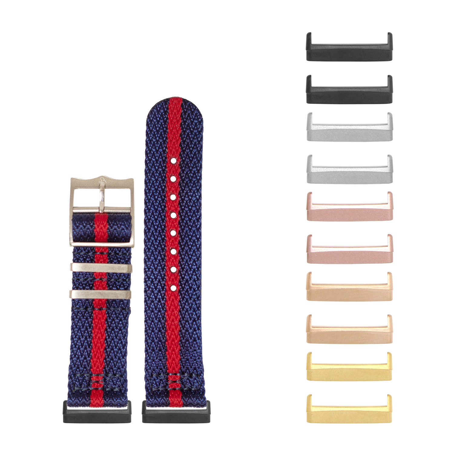 Navy blue and red striped fabric watch band with multiple interchangeable metal hardware buckles in black, gray, rose gold, and gold finishes