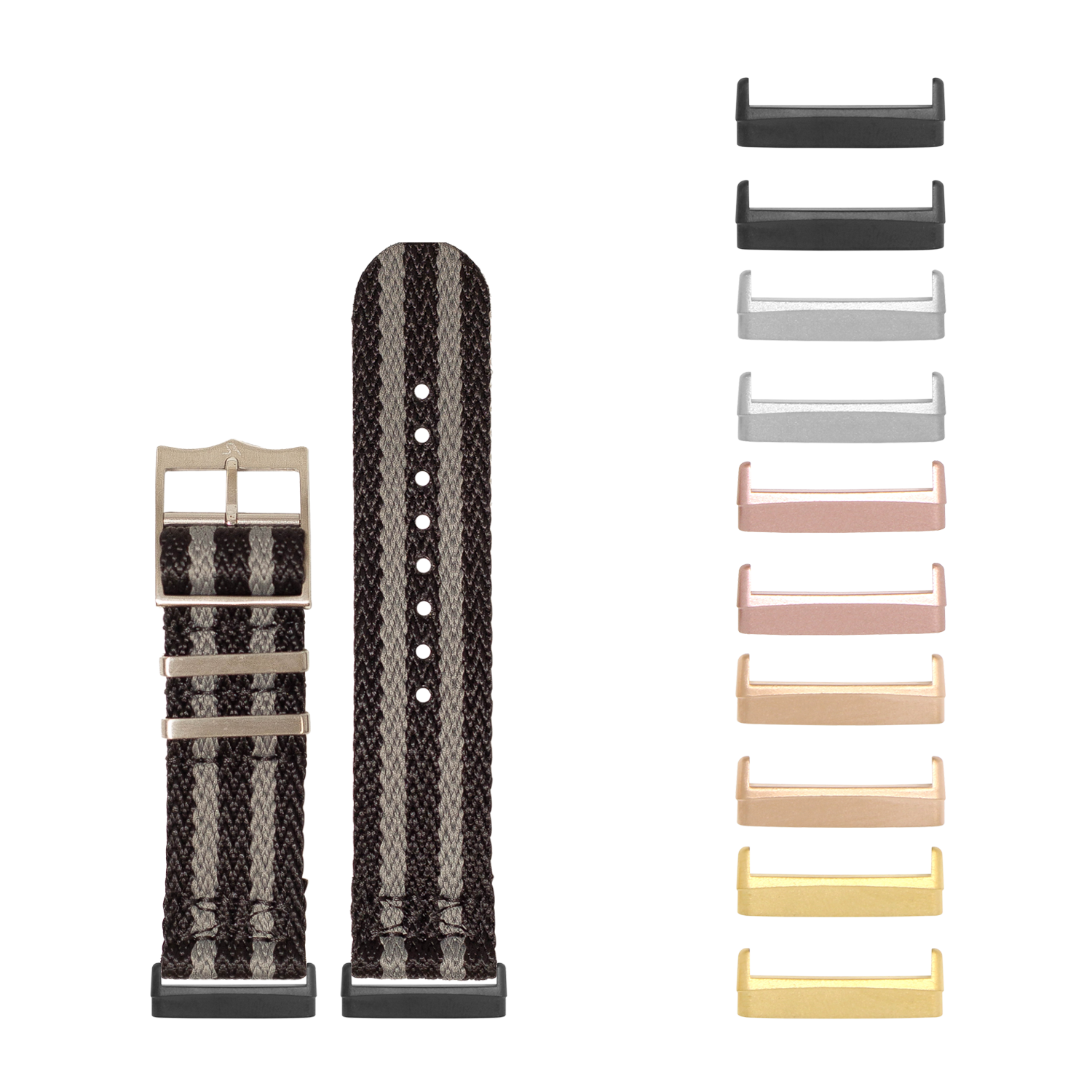 Black and grey woven militex watch band with interchangeable metal lugs in multiple finishes for Fitbit Versa and Sense smartwatches