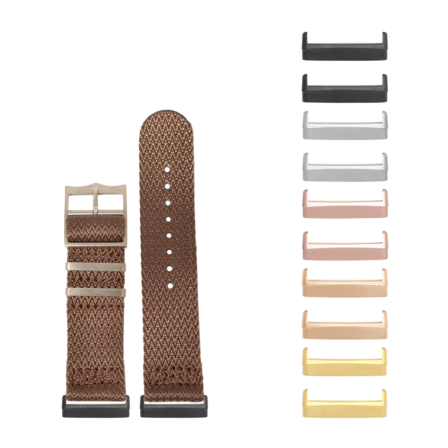 Brown Militex fabric watch band with interchangeable metal lugs in multiple colors including black, rose gold, and gold for Fitbit Versa and Sense