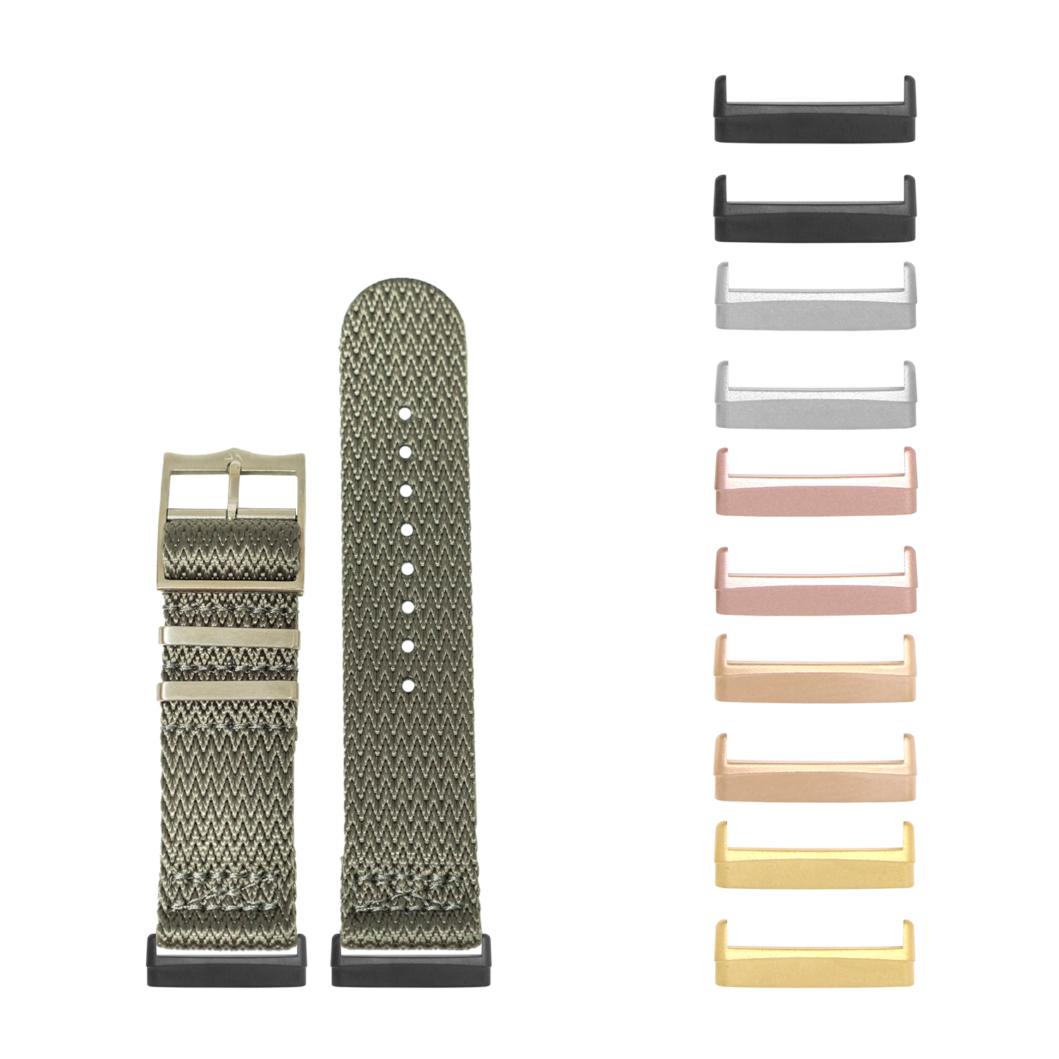 Olive green woven fabric watch band with metal buckle and interchangeable lugs in multiple colors including black, rose gold, and gold