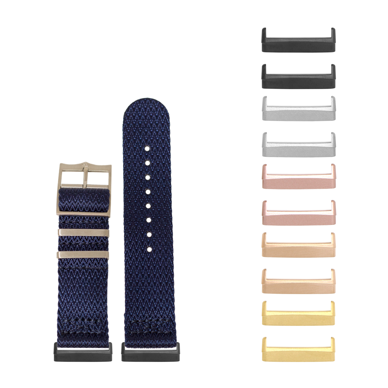 Navy blue militex watch band with interchangeable metal lugs in multiple colors for Fitbit Versa and Sense smartwatches