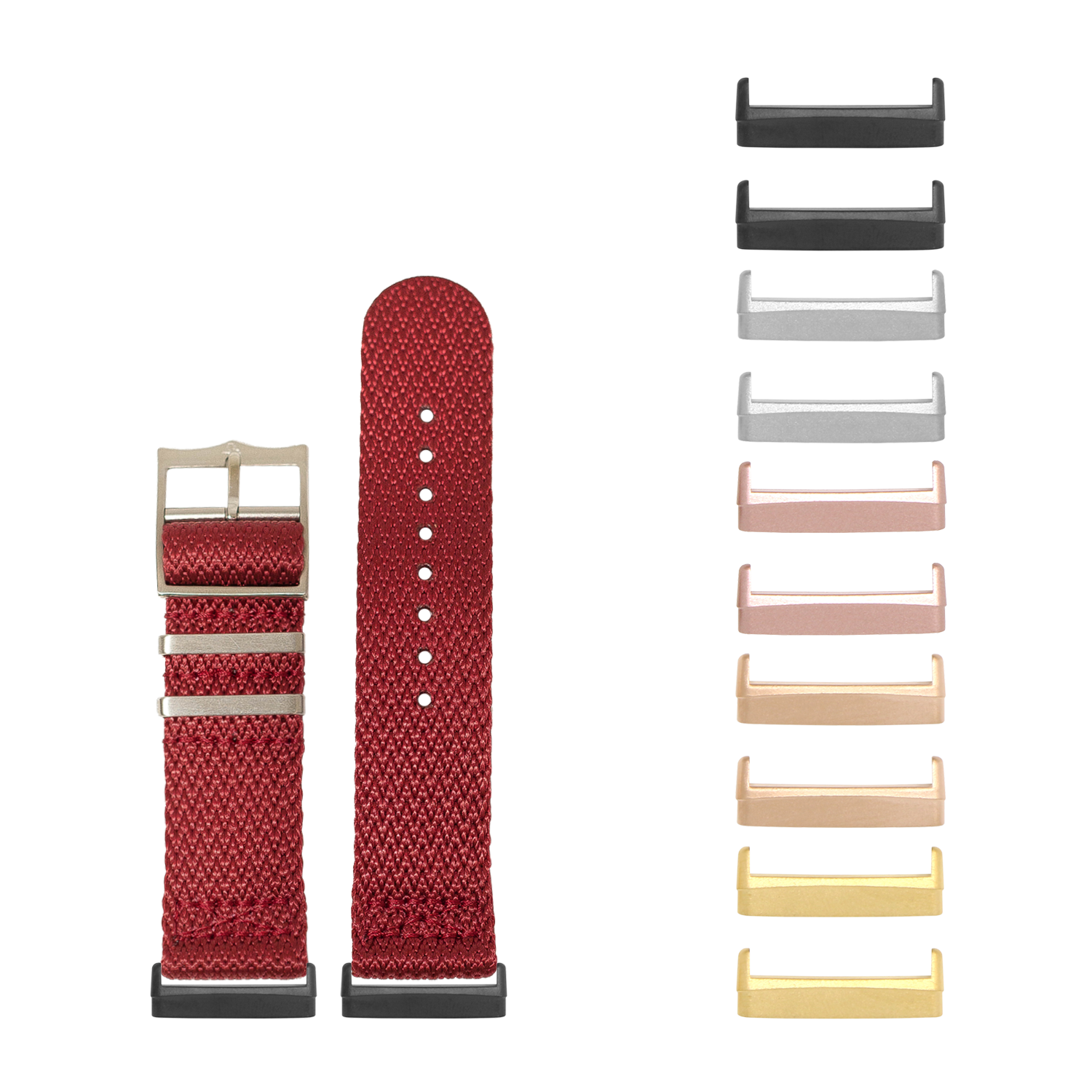 Red fabric watch band with interchangeable metal adapters in multiple finishes for Fitbit Versa and Sense smartwatches