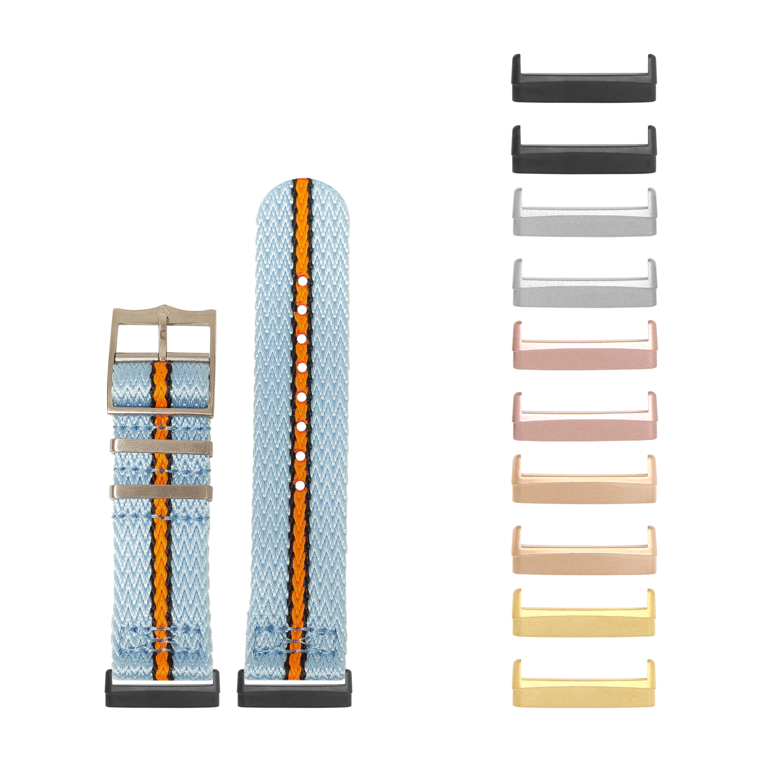 Sky blue woven watch band with orange stripe and interchangeable metal hardware in multiple finishes including black, rose gold, and gold
