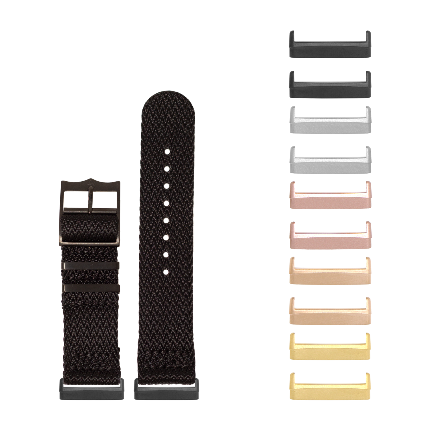 Black woven Militex watch band with black hardware for Fitbit Versa and Sense smartwatches, shown with interchangeable metal keeper loops in multiple finishes