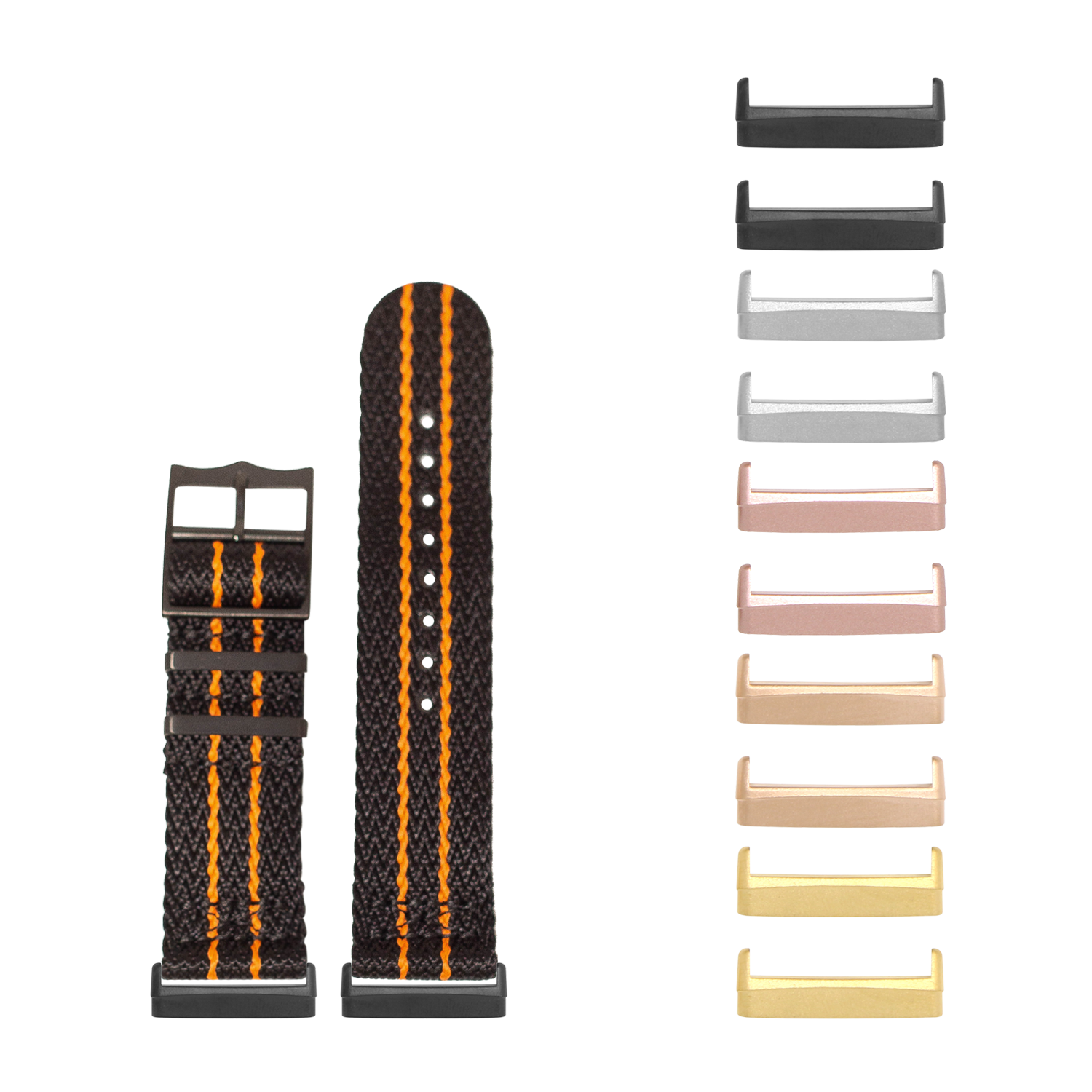Black and orange nylon Sharktooth Militex watch band with interchangeable black hardware, shown with matching strap and multiple metal connector options