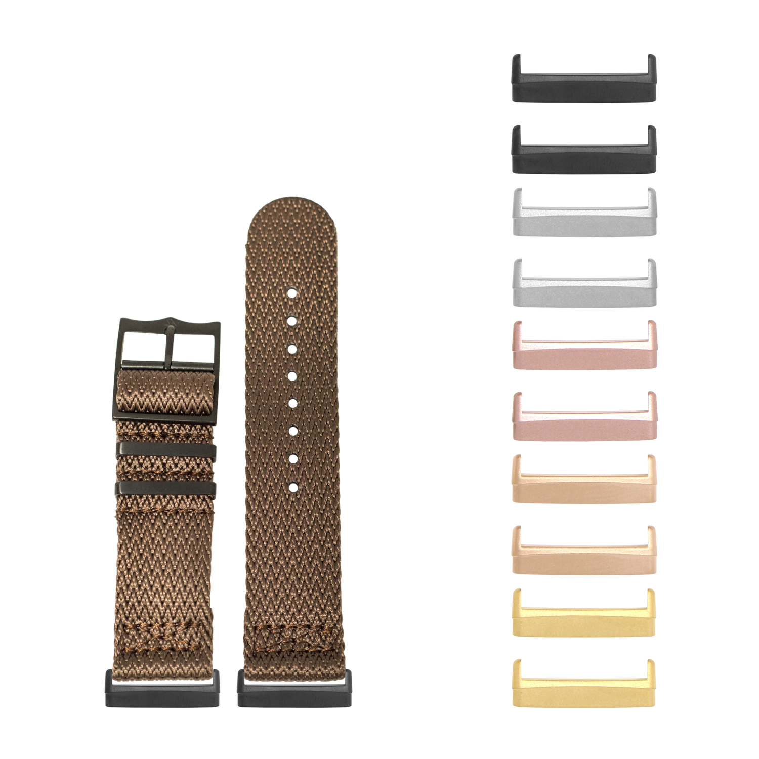 Militex sharktooth brown fabric watch band with black hardware and interchangeable metal lugs in multiple finishes including black, rose gold, and gold