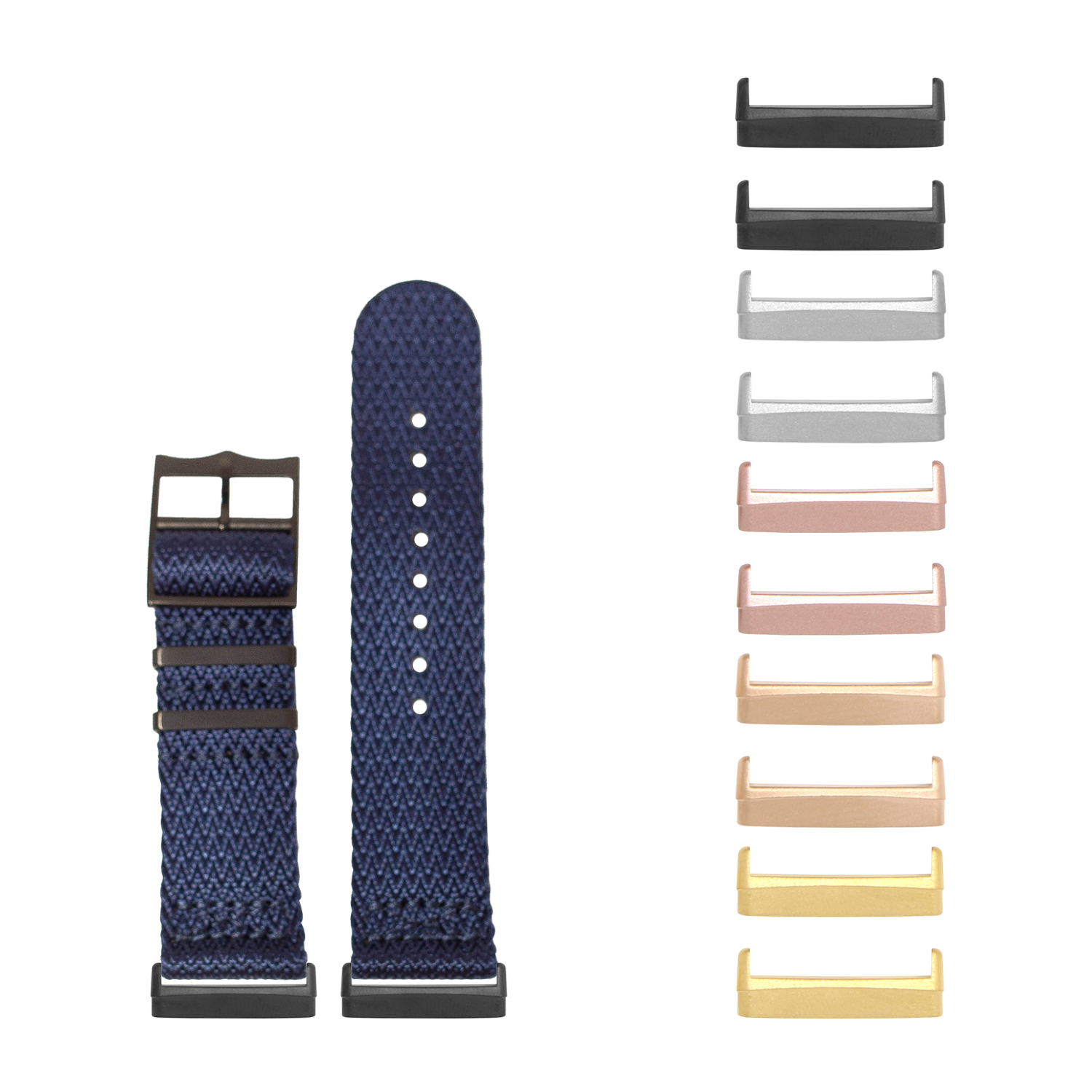 Navy blue woven fabric watch band with black hardware for Fitbit Versa and Sense smartwatches, shown with multiple metal keeper options