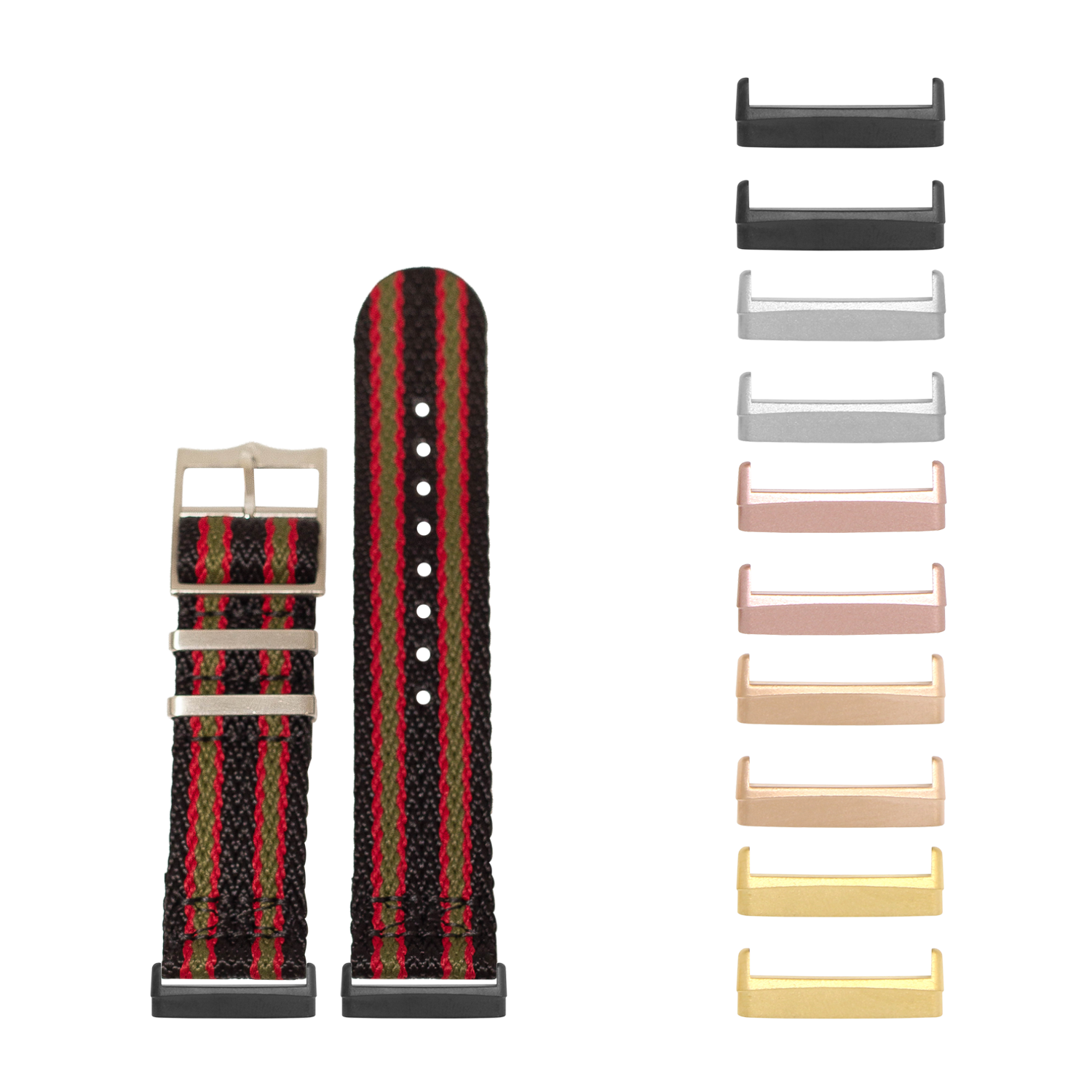 Red and black striped canvas watch band with interchangeable metal lugs in multiple finishes for Fitbit Versa and Sense smartwatches