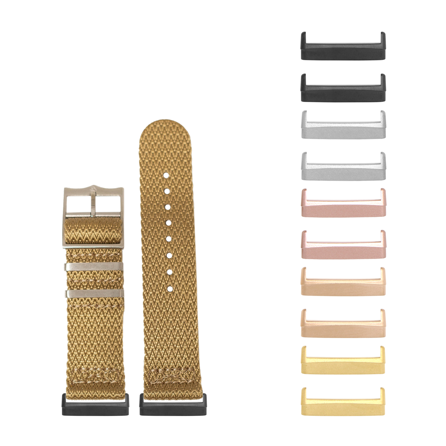 Wheat Sharktooth Militex watch band with interchangeable metal lugs in multiple colors for Fitbit Versa and Sense