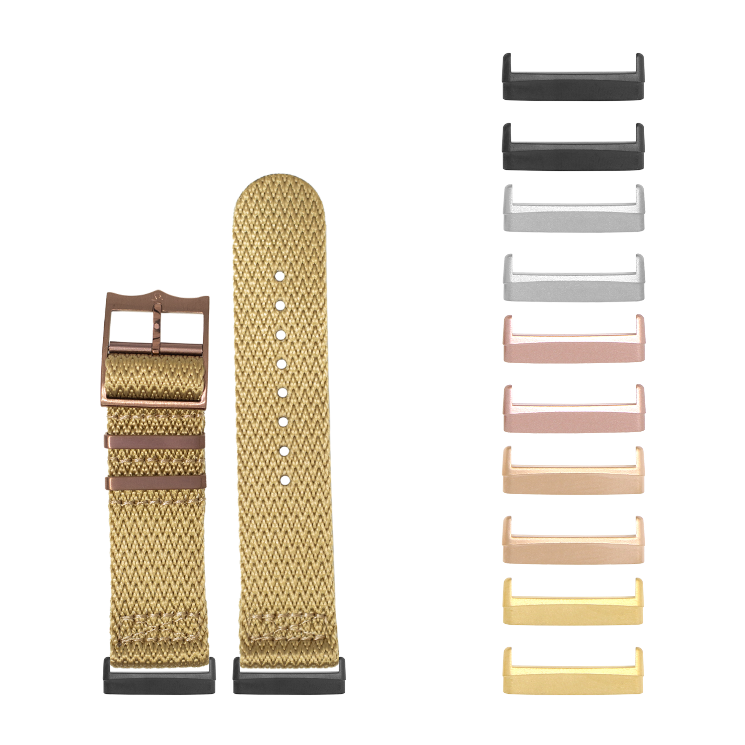 Wheat woven Sharktooth Militex watch band with bronze hardware for Fitbit Versa and Sense, shown with interchangeable metal lugs in multiple finishes