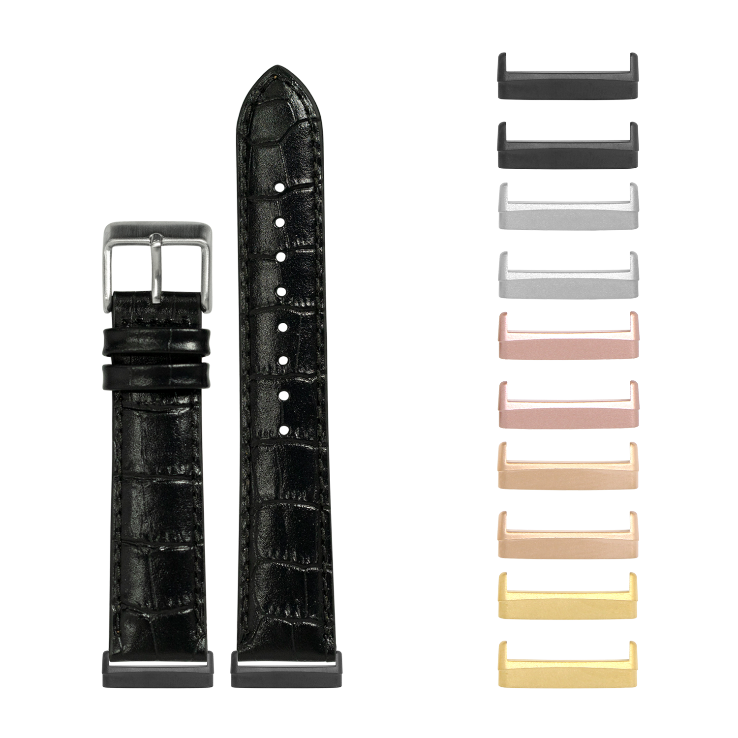 Black alligator leather watch band with silver buckle for Fitbit Versa and Sense smartwatches, shown with interchangeable metal lugs in multiple finishes