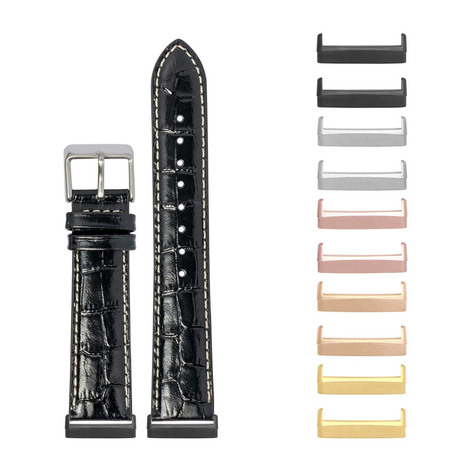 Black alligator leather watch band with white stitching and interchangeable metal lugs in multiple finishes for Fitbit Versa and Sense smartwatches