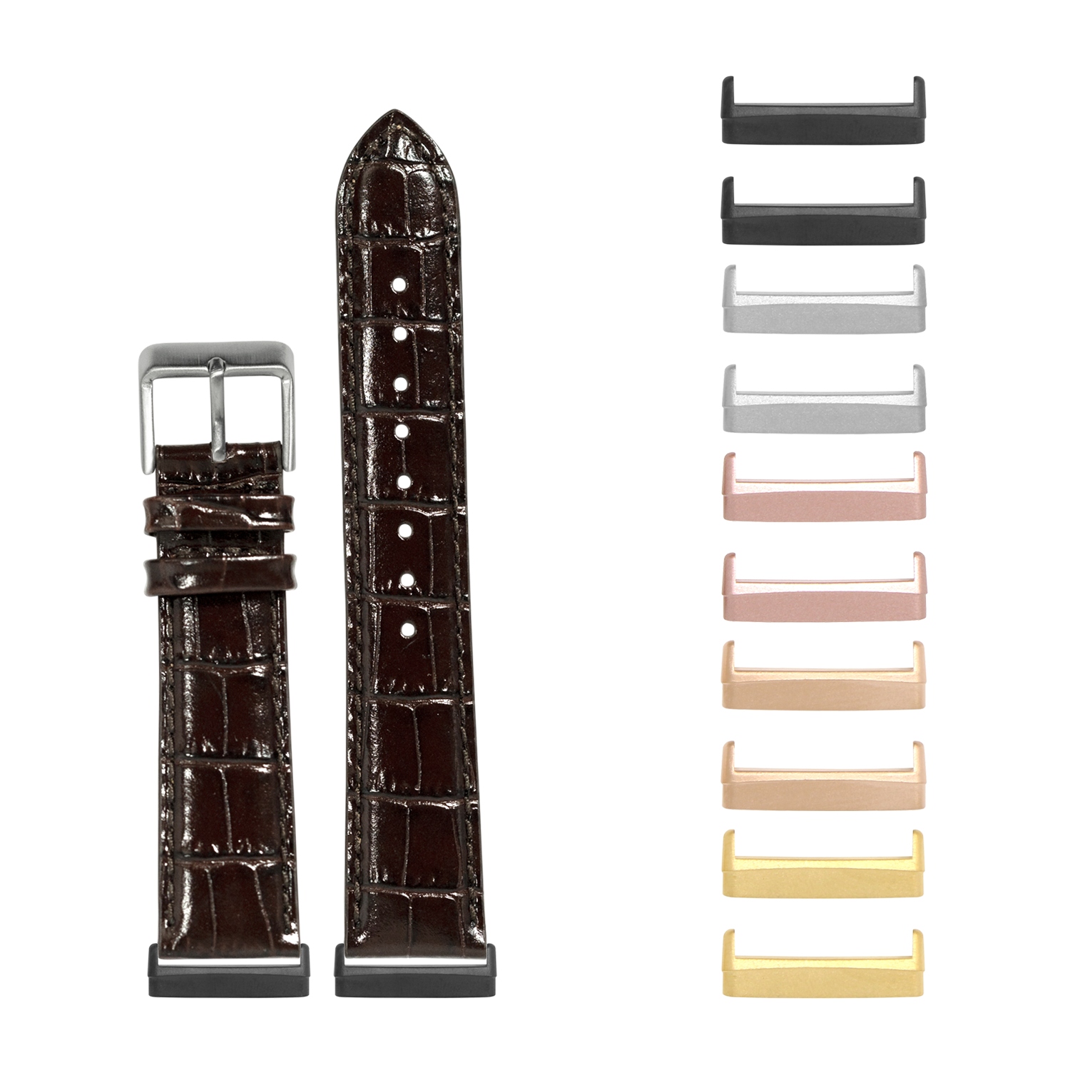Dark brown alligator leather watch band with silver buckle and interchangeable metal connectors in multiple finishes for Fitbit Versa and Sense smartwatches