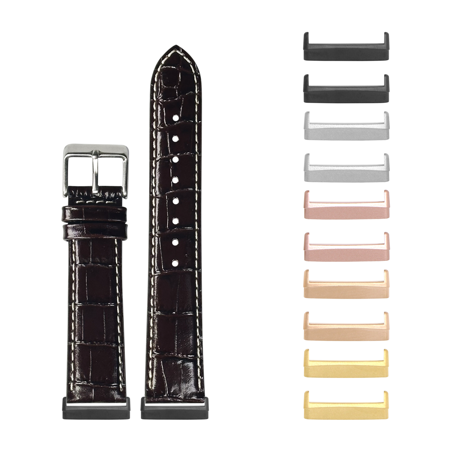 Black alligator leather watch band with white contrast stitching and interchangeable metal lugs in multiple finishes for Fitbit Versa and Sense